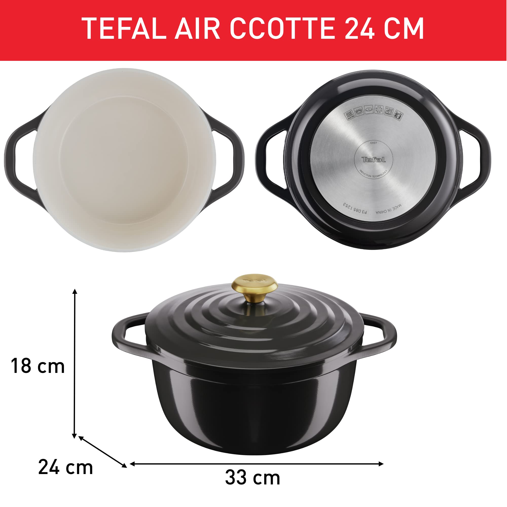 Tefal Cocotte Air 24 cm - cazuela de aluminio fundido de 4,7 L de capacidad, revestimiento cerámica, resultados tiernos, apto para horno y cocinas convencionales, incluso inducción, apto lavavajillas