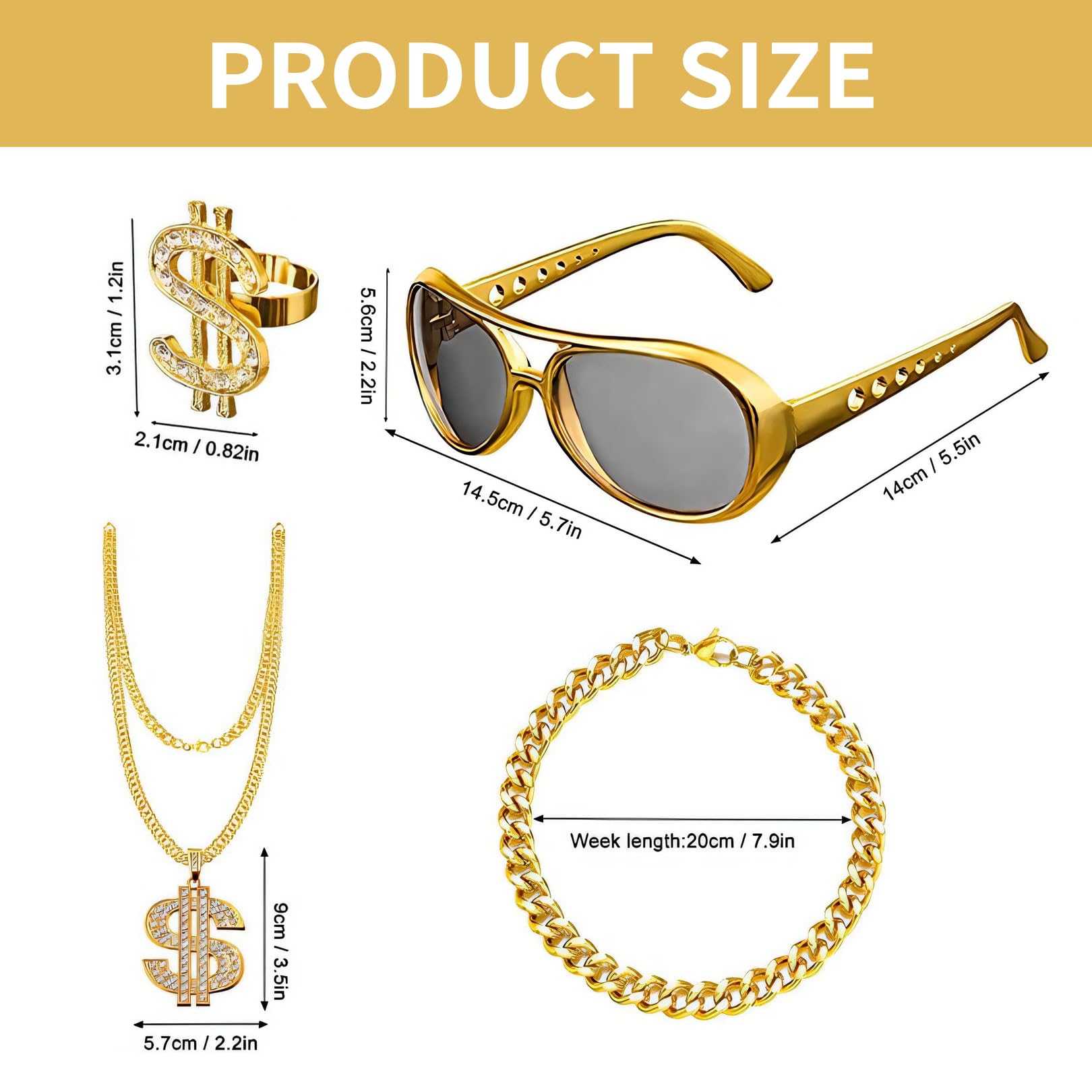 4 Pcs Hip Hop Costume Accessories Set,Fake Gold Chain Men,Halloween/Christmas/80s/90s Fancy Dress Costumes,Dollar Necklace,Dollar Ring,Hippie Glasses Mens,Accessories for Rapper/Boys/Girls Disco Party - Image 2