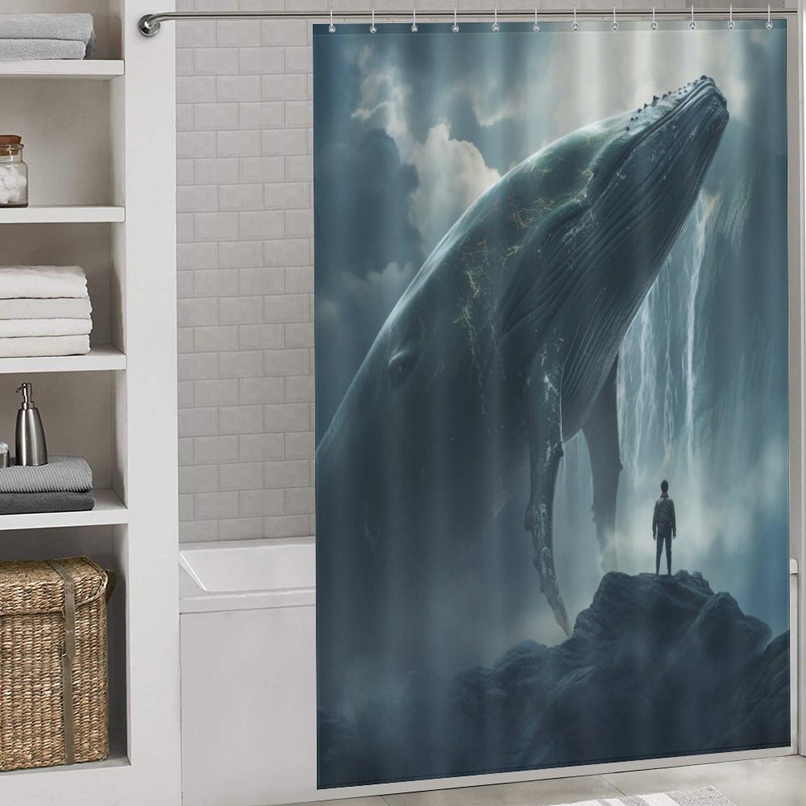 Rideau de douche baleines 152x183 cm en tissu polyester imperméable et lavable avec 12 crochets