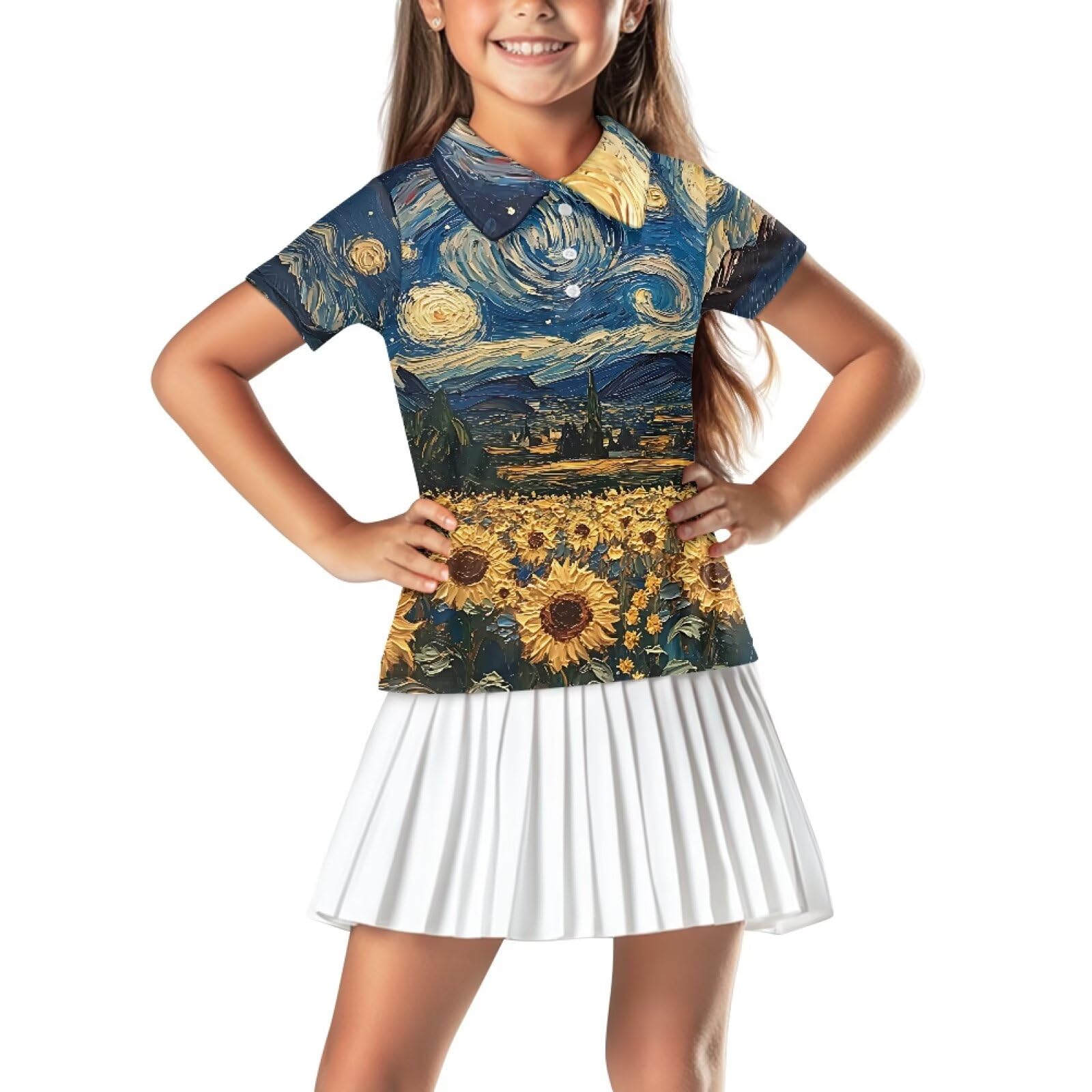 Gzzxiailg Sunflower Starry Sky Golf Polo Shirts for School Kids Short Sleeve Golf Shirts Moisture Wicking School Uniform 3-Button Golf Tennis T-Shirts Sport Tops for 5-14 Years