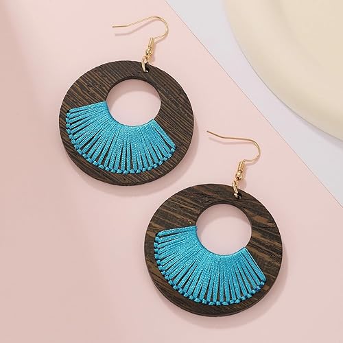 Miniatura 2 de COIRIS - Aretes colgantes geométricos de madera con forma de círculo, de madera hueca, grandes, redondos, ligeros, colgantes