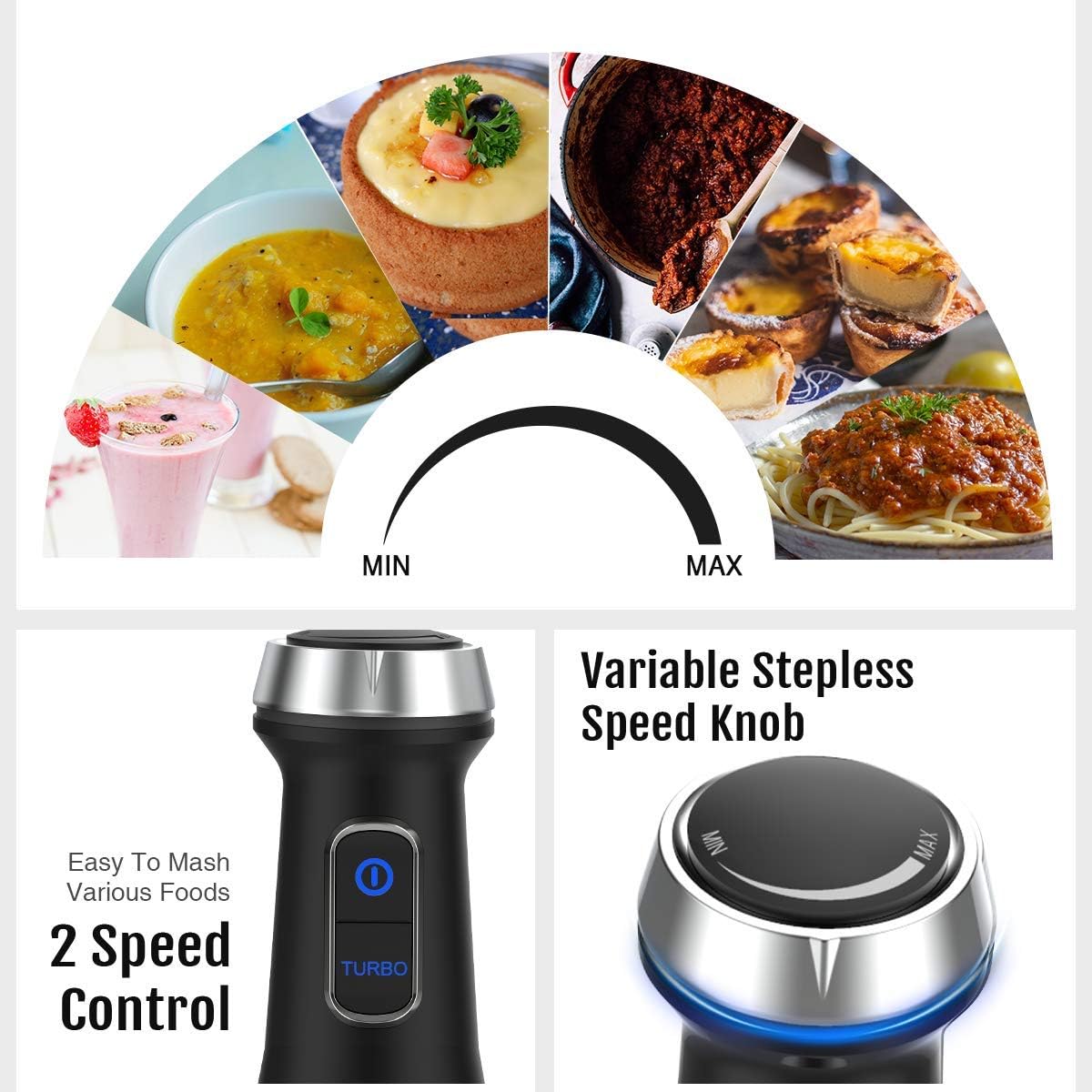Immersion Hand Blender, Nxone 4-in-1 Variable Stepless Speed Control Multifunctional Stick Blender with Brushed Stainless Steel Blades, 800ml Mixing Beaker, Milk Frother and Egg Whisk for Smoothies, Puree Baby Food, Sauce and Soup, Black: Home & Kitchen