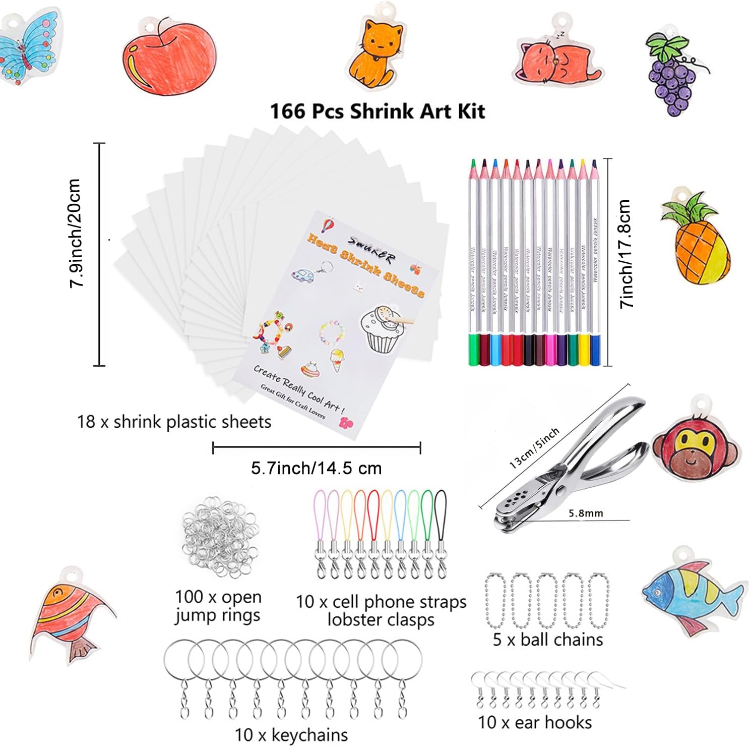 SWAKER 166 Pcs Shrinky Plastic Sheets Keychain Kit Includes 18 Pcs Shrink Art Paper, Hole Punch, Keychains & Pencils for Crafts and DIY Keychains Making Father Day Ornament image 2