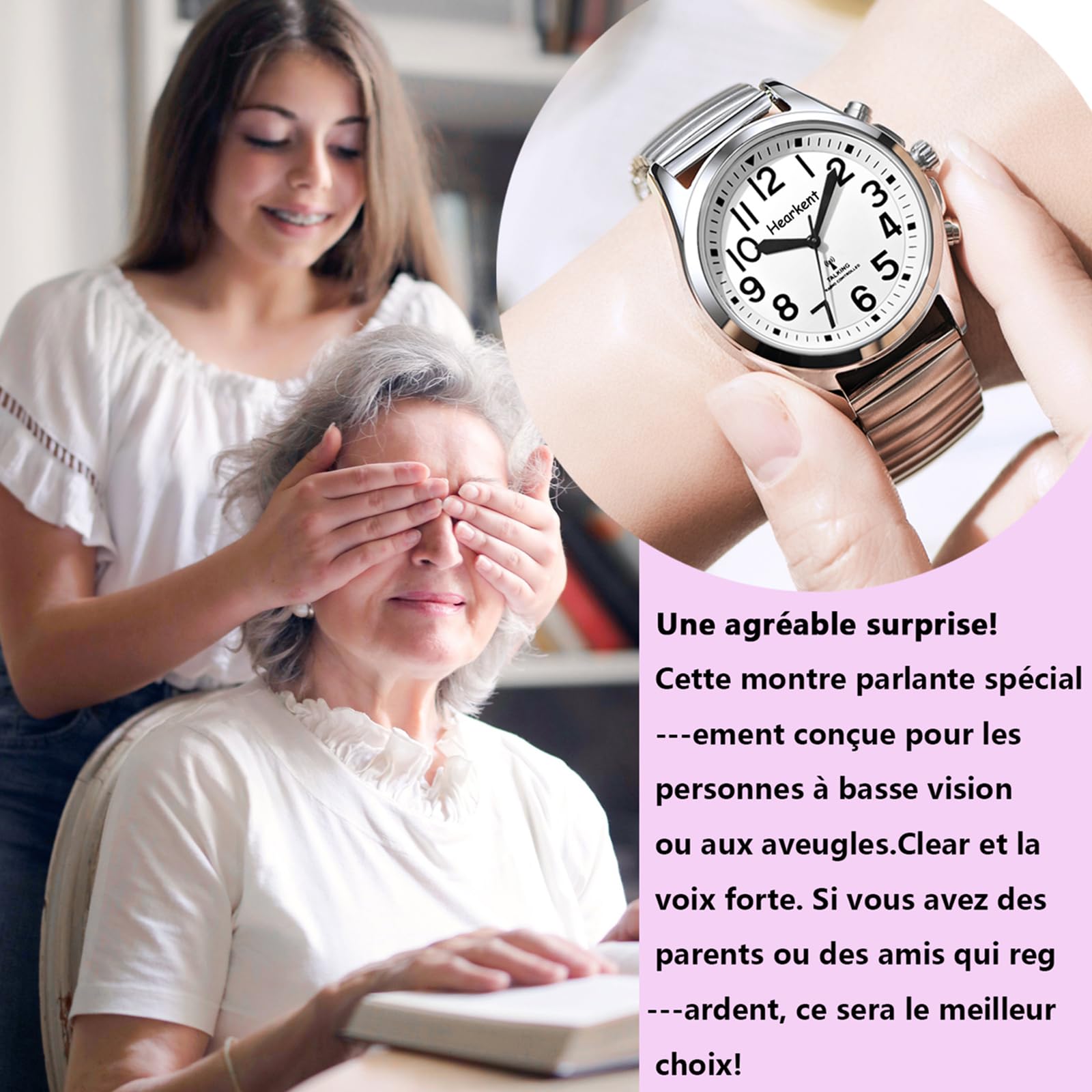 Hearkent Orologio parlante da donna con numeri jumbo, facile da leggere per anziani ipovedenti, auto-regolazione per anziani, rilegati, orologio da polso, cronometraggio preciso