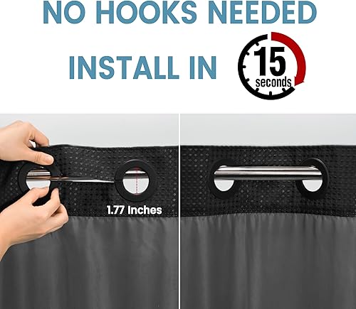 Miniatura 3 de Cortina de ducha larga sin gancho con forro a presión, 230 GSM, tejido de punto gofre, 71 pulgadas de ancho x 74 pulgadas de alto, negro