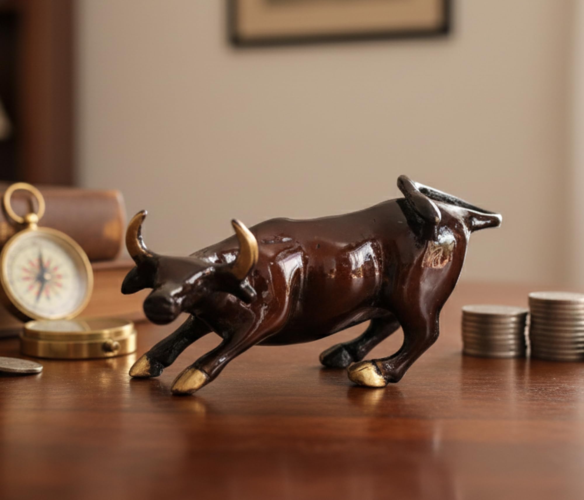 eSplanade Beautiful Brass Charging Bull - Wall Street/Bowling Green - 5 Inches Showpiece | Home Decor | Brass Sculpture
