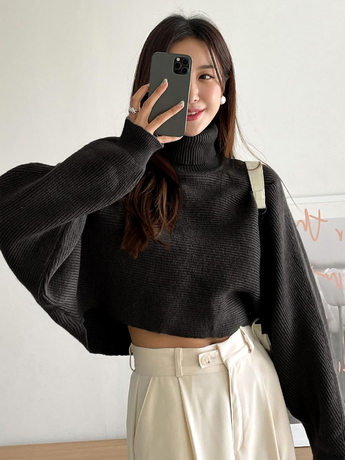 Women's Sweater Turtleneck Batwing Sleeve Sweater Sweater for Women (Color : Black, Size : X-Large)