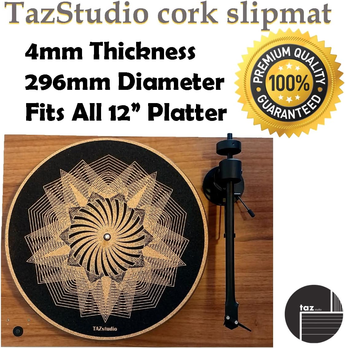 Cork Turntable Mat for Better Sound Support on Vinyl LP Record Player - Original Geometric Design Psychedelic Geometric Black Light Art [4mm Thickness]-m5