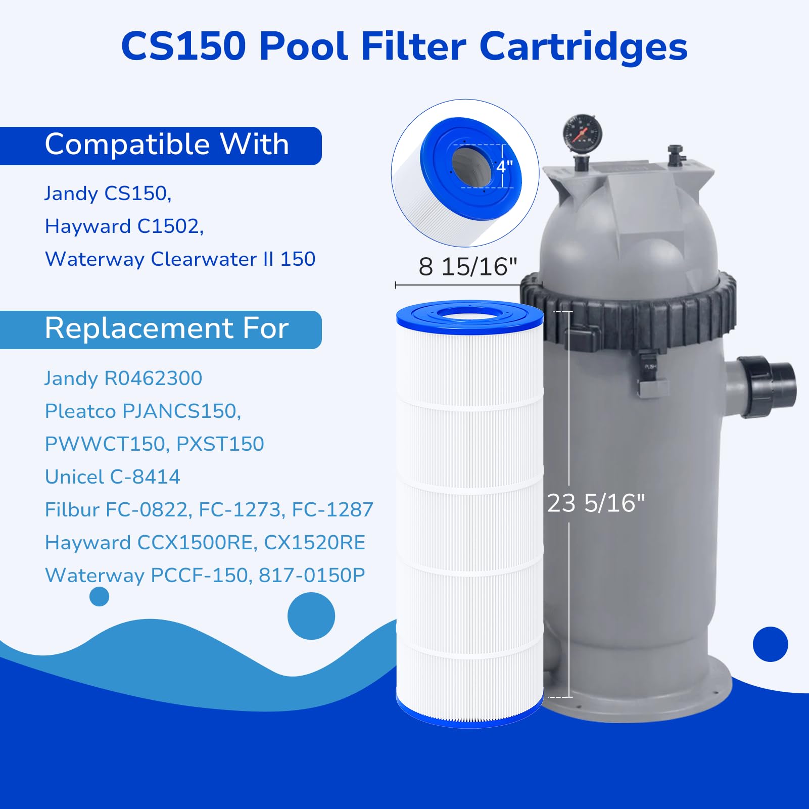Fil-fresh CS150 Pool Filters Cartridge Compatible with Jandy CS150, Replaces Jandy R0462300, Pleatco PJANCS150, PXST150, Hayward CCX1500RE, 150 sq. ft, 1-Pack