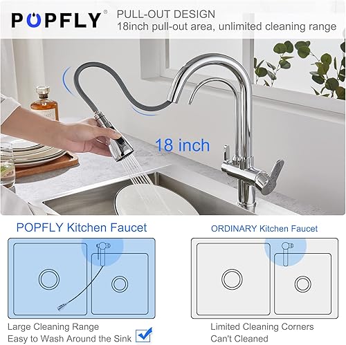 Miniatura 4 de POPFLY Grifo de cocina con grifo de agua potable, grifo purificador de filtro de agua 3 en 1, rociador extraíble de 3 funciones, material de latón,