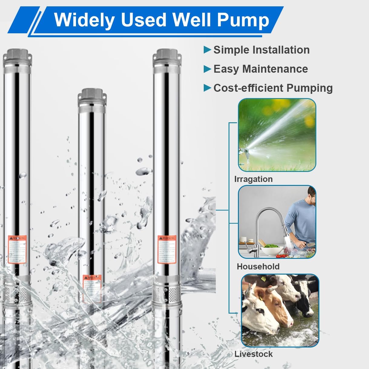 1HP 110V Deep Well Submersible Pump, Stainless Steel Water Pump Well Pump, 37GPM-207FT Lift,100FT Power Cord Extra Outlet Heavy Duty