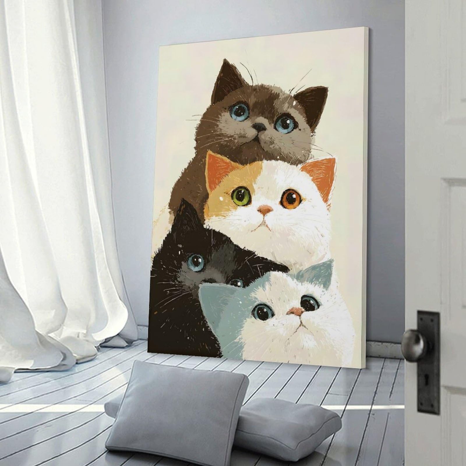 Junmoney Stack of Four Cute Cats Hanging Wall Art 16x24inch(40x60cm), for Study, Office Or Focused Interiors, Wall Art That Adds Style to Work Areas