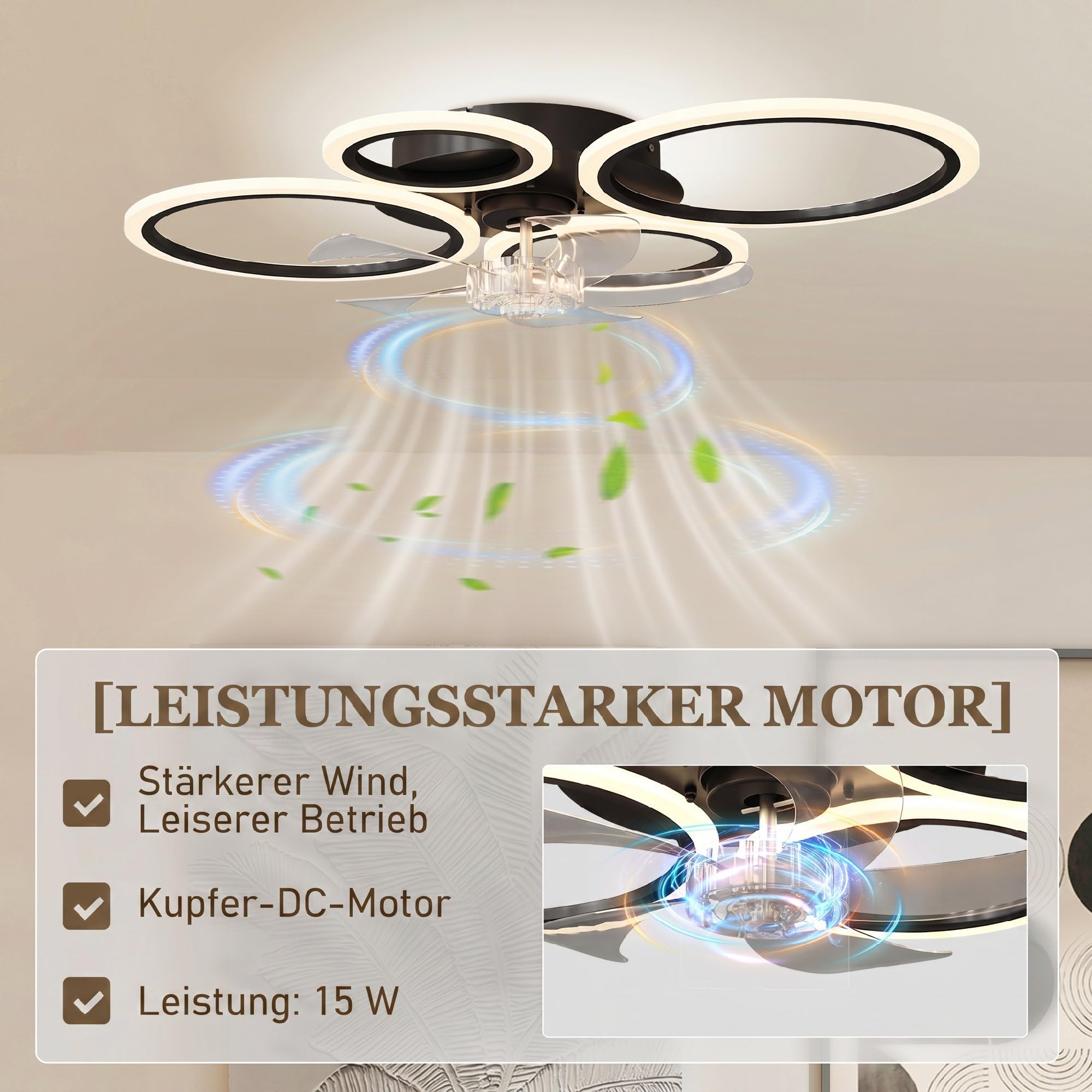 HOMCOM LED Deckenleuchte mit Ventilator 77 cm mit Fernbedienung Schwarz | Leise Deckenventilator mit Beleuchtung, 6 Geschwindigkeiten, 3 Farbtemperaturen, DC Motor, Timer, für Wohnzimmer