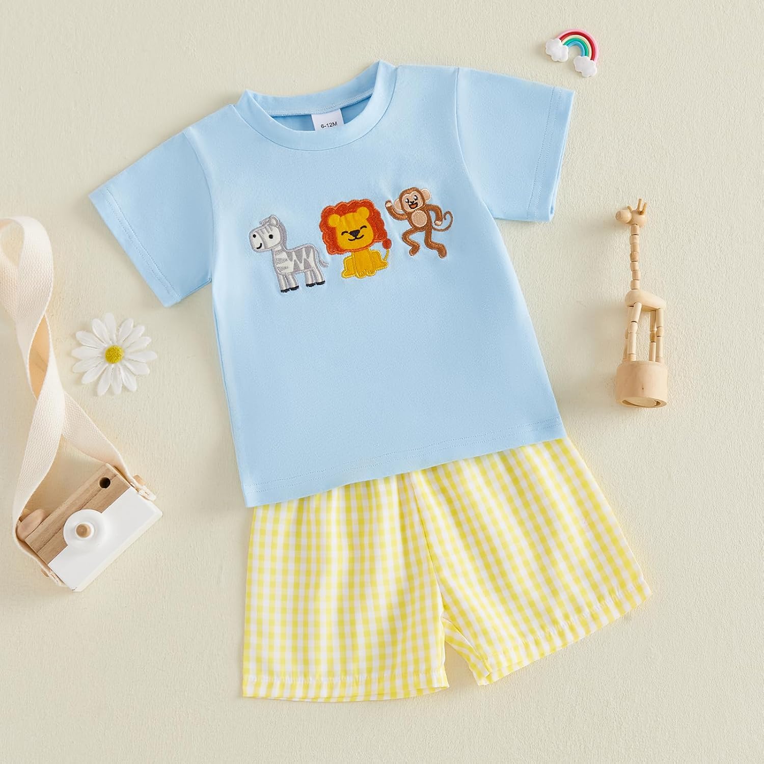 Infant Toddler Baby Boy Summer Clothes Short Sleeve Zoo Animal T-Shirt Top Plaid Shorts Set Birthday Party Outfit