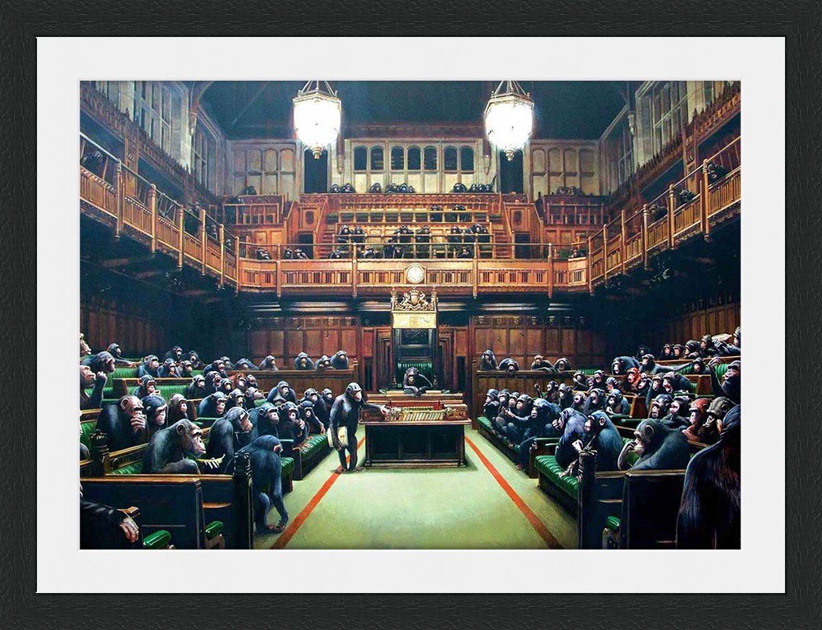 Behind The Glass Banksy Houses Of Parliament - Framed & Mounted - 40x30cm - Black Frame