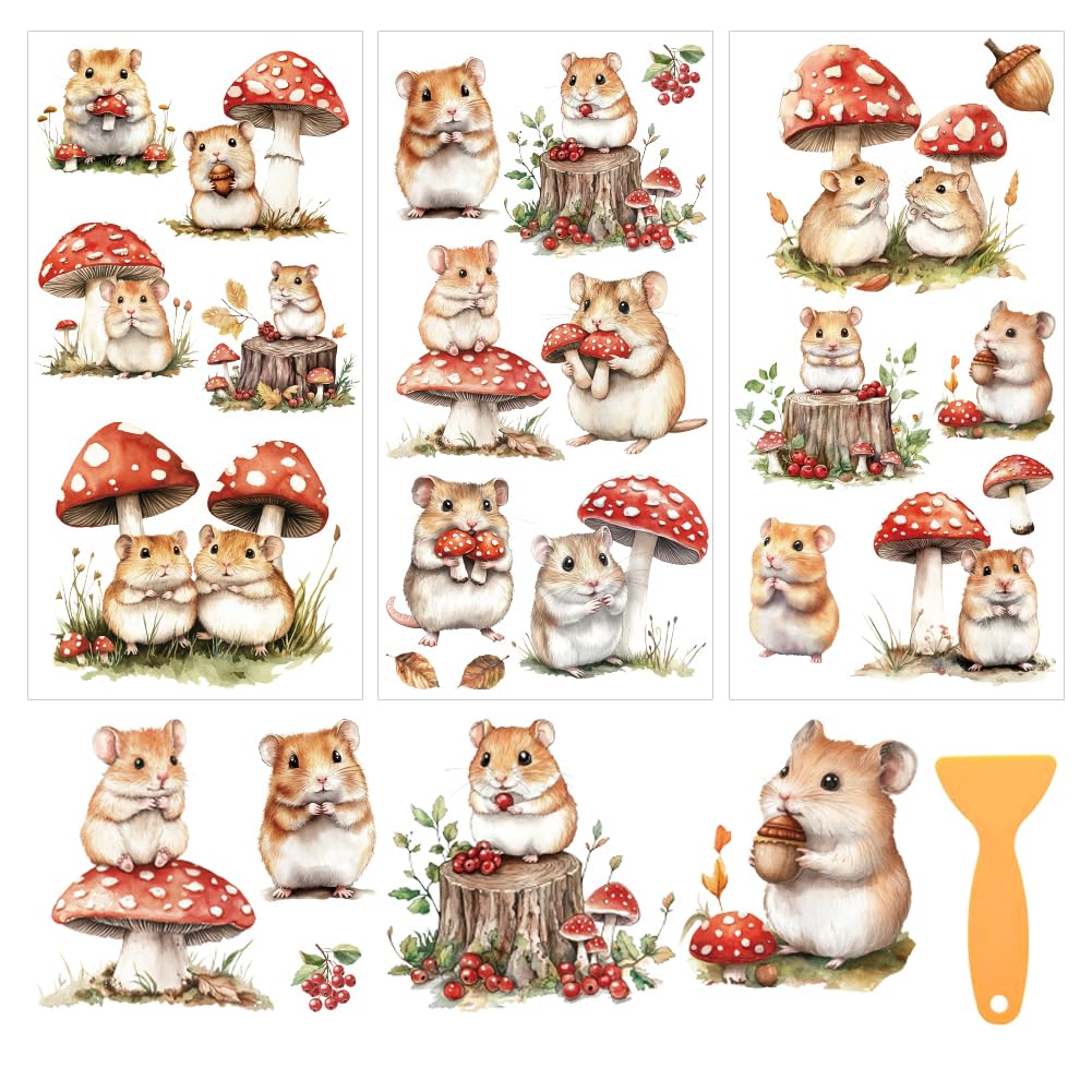 beinkmake 3 Sheets Mushroom and Hamster Rub on Transfers for Crafts and Furniture 12×6inch Cute Colorful Furniture Transfer Stickers for Wood Cabinet