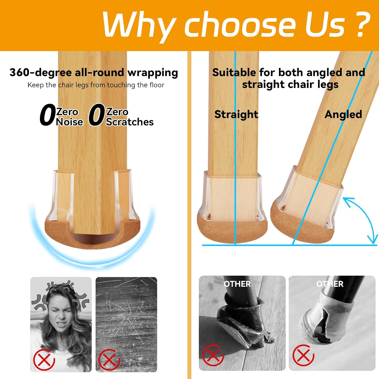 24pcs Chair Leg Floor Protectors for Hardwood Floor |Protect Wood Tile Floors Chair Leg Caps with Wrapped Felt Pads| Anti-Scratch Reduce Noise |Fit Angled Chair Legs| Clear Square S Fit:0.6"-0.75"