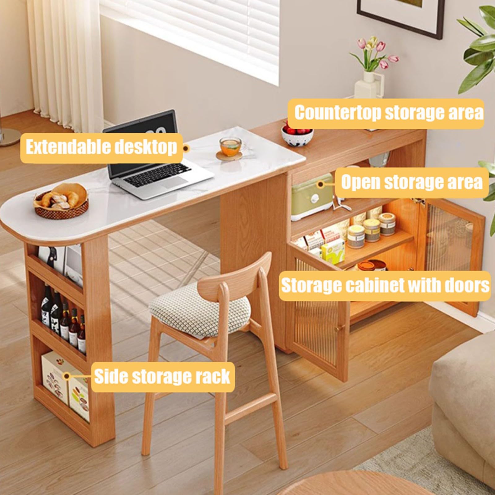 Ausziehbarer Bartisch Mit Stauraum 360° Drehbarer Stehtisch Kücheninsel Mit Glastür Türen 2 Offene Ablagefächer Beweglicher Bar Table für Esszimmer Küchen A,60CM