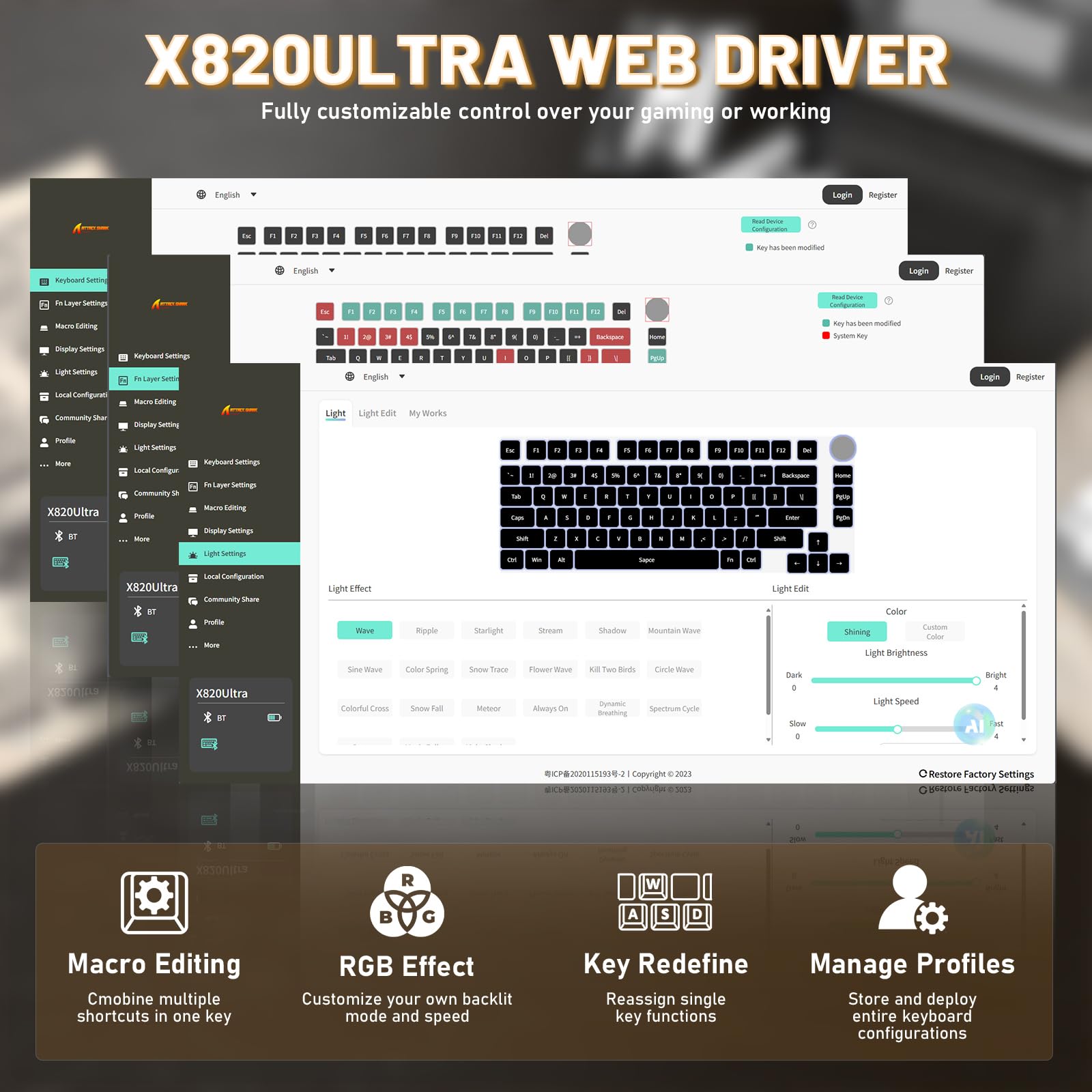 Attack Shark X820Ultra Wireless 75% Mechanical Gaming Keyboard with Screen & Knob Hot Swappable 2.4GHz/BT/Wired RGB Backlit Gasket Mount Side Print PBT Keycap QMK Web Driver Gift Switch-Moonnight