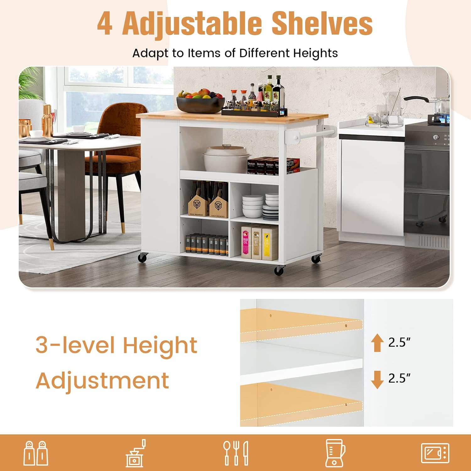 LOKO Kitchen Island with Storage, Kitchen Island on Wheels w/Rubber Wood Countertop, Towel Rack Handle, Storage Drawer & Open Compartments, Island Table for Kitchen