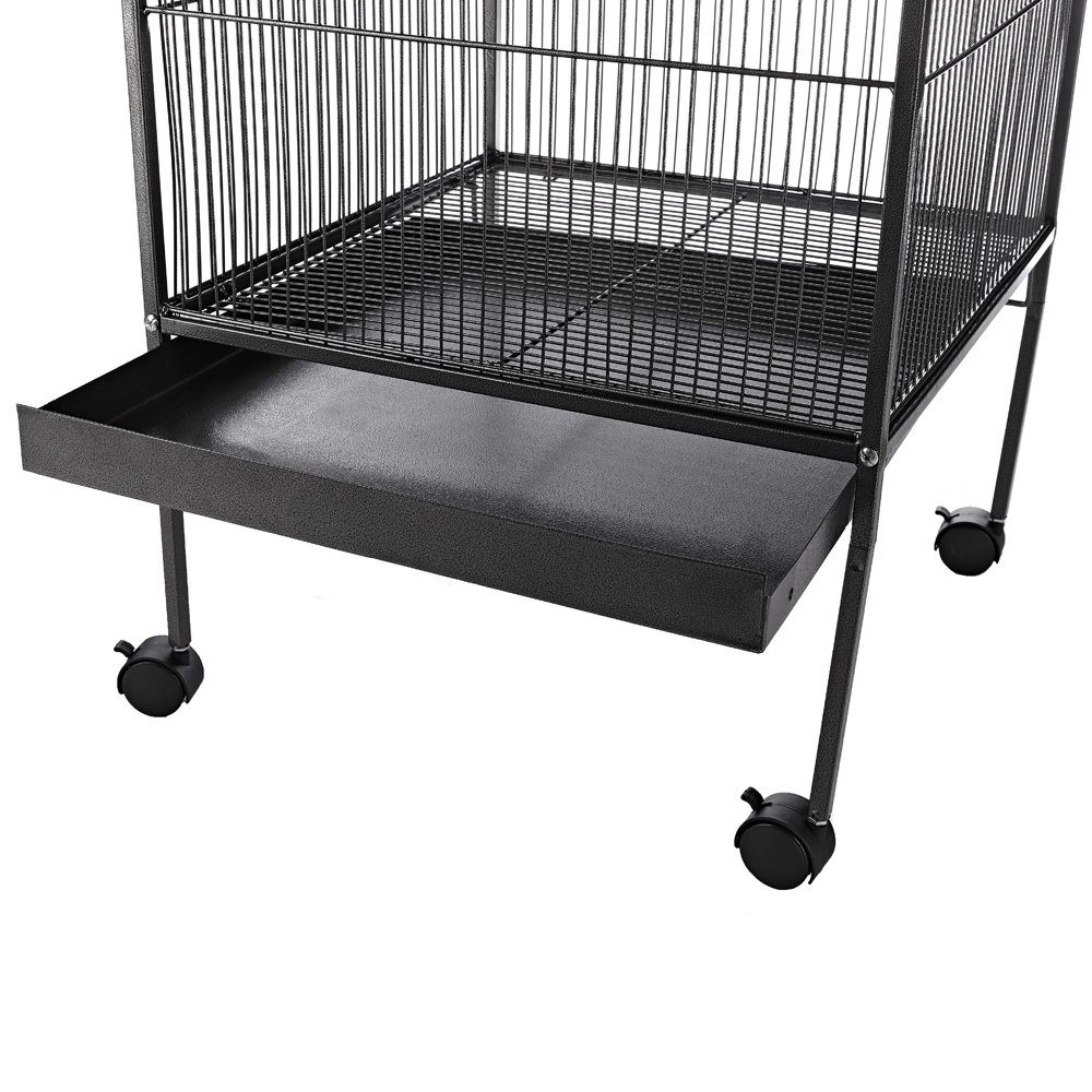 Melko® pájaro voliere/Pajarera/Animales jaula de hierro, Gris, aprox. 155 cm x 66 cm x 66 cm (H x B x T; incluye techo vorsprung) | Incluye 4 perchas, comedero y dispensador de agua, distancia de rejilla de 1,2 cm, cajón extraíble, para canarios