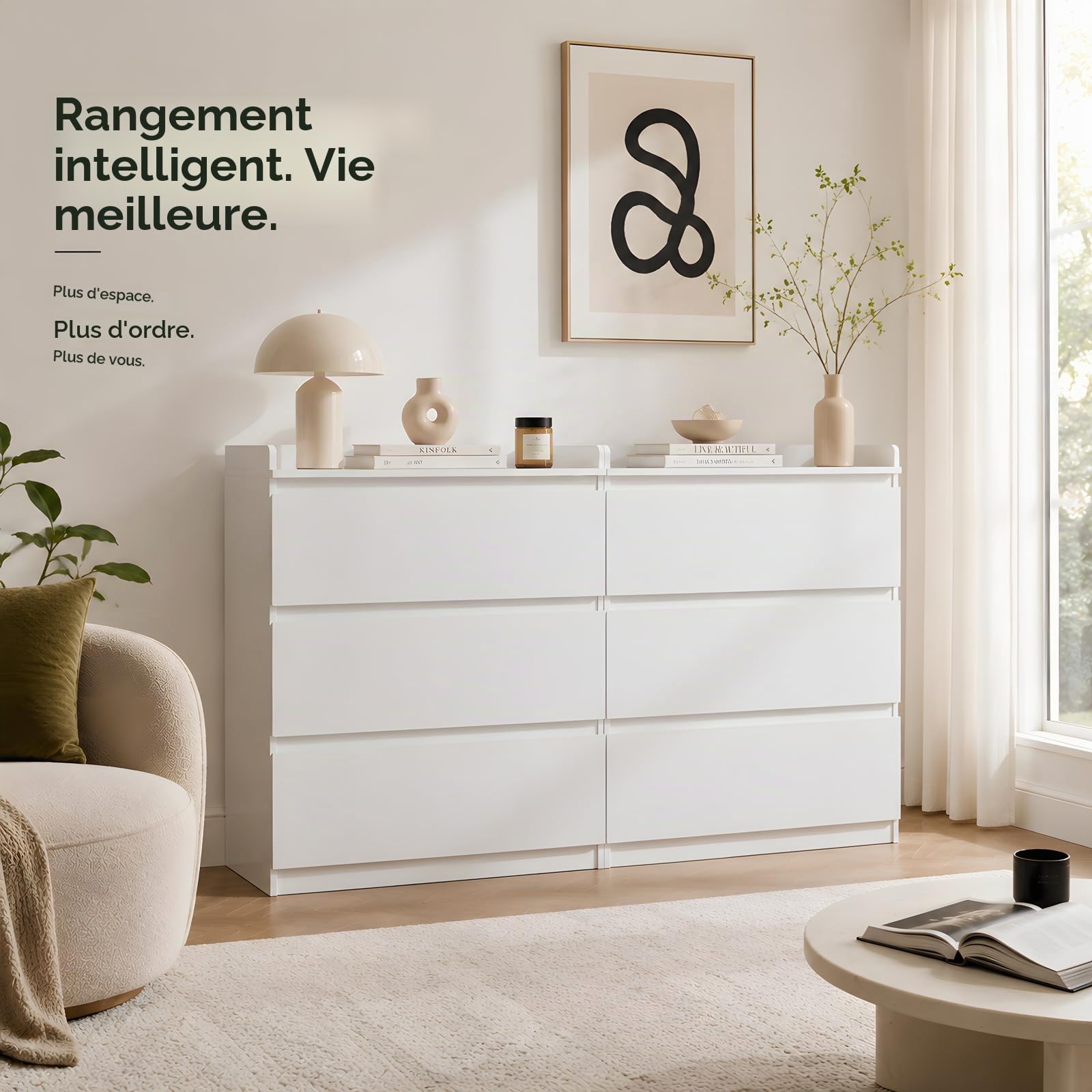 Lot de 2 commodes à langer Blanches, 70 x 40 x 80 cm | 3 tiroirs chacun avec bord surélevé, pour jumeaux, chambre de bébé, chambre à coucher, salon
