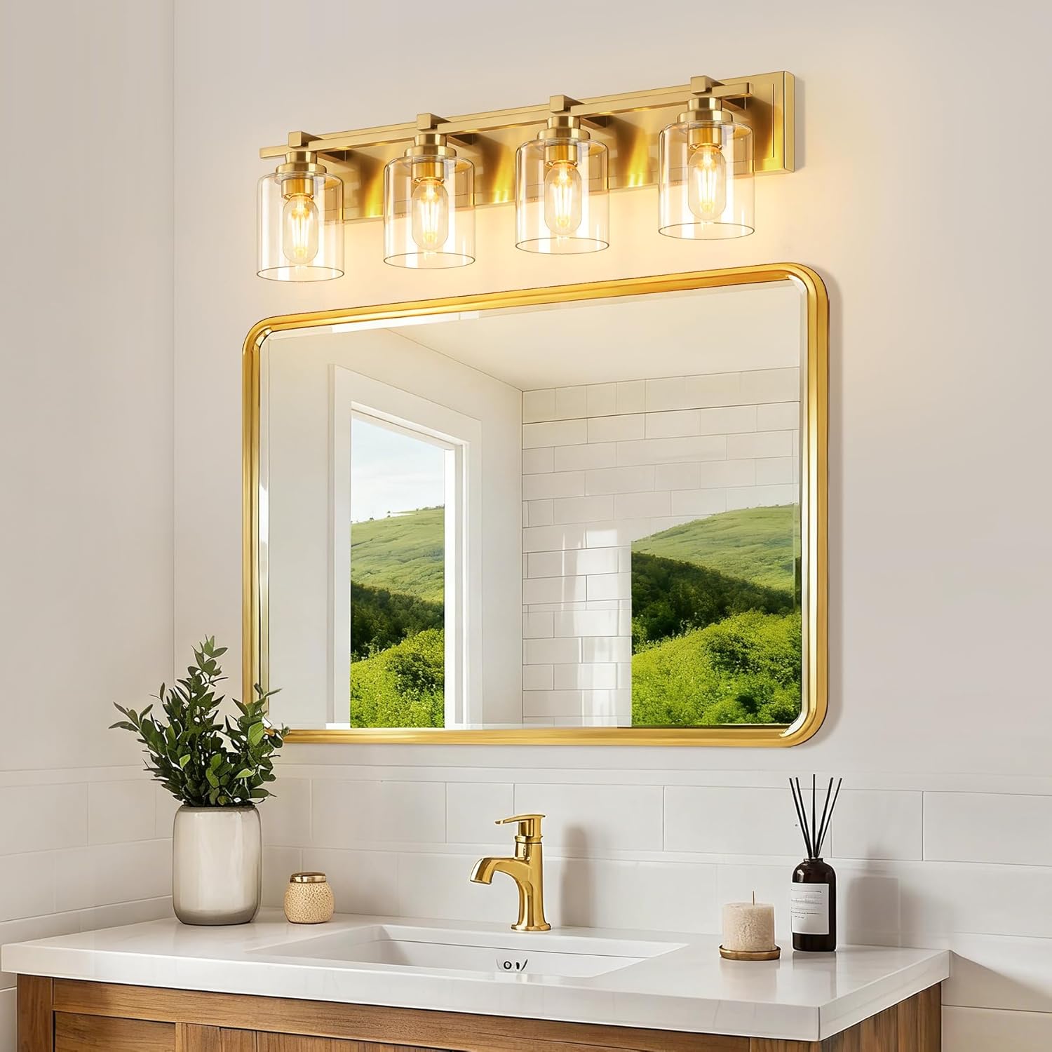 brknit 4 light modern bathroom light fixtures over mirror, brass finish vanity lights for bathroom wall sconces with clear glass shades, e26 socket (bulbs not included) brass 4-lights, clear glass shades