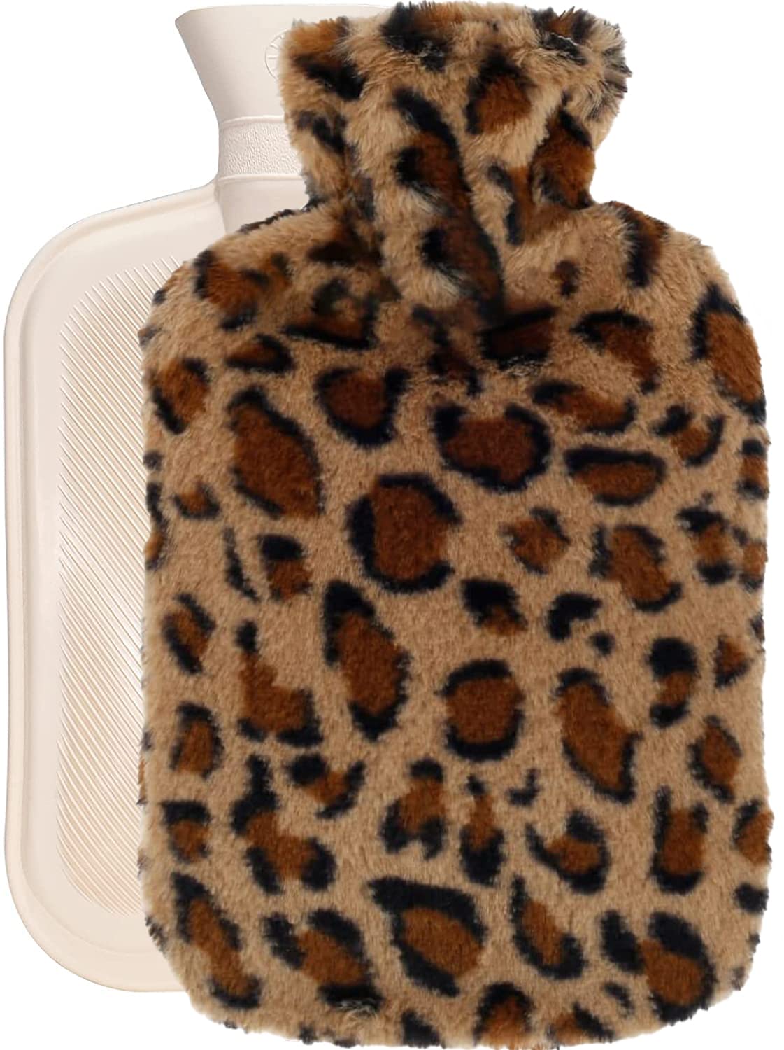 OliviaLiving Hot Water Bag Hot Water Bottle 2 Liter Heat Up and Refreezable Hot Cold Pack with Plush Leopard Print Cover for Pain Relief Hot Cold