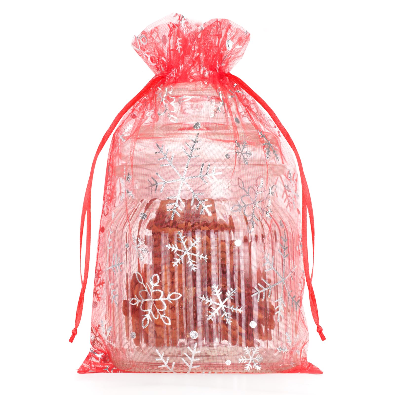G2PLUS 50 PCS Red Christmas Organza Bags, 17x23 cm Snowflake Favour Pouches for Presents, Reindeer Food, Advent Calendars and Xmas Gifts