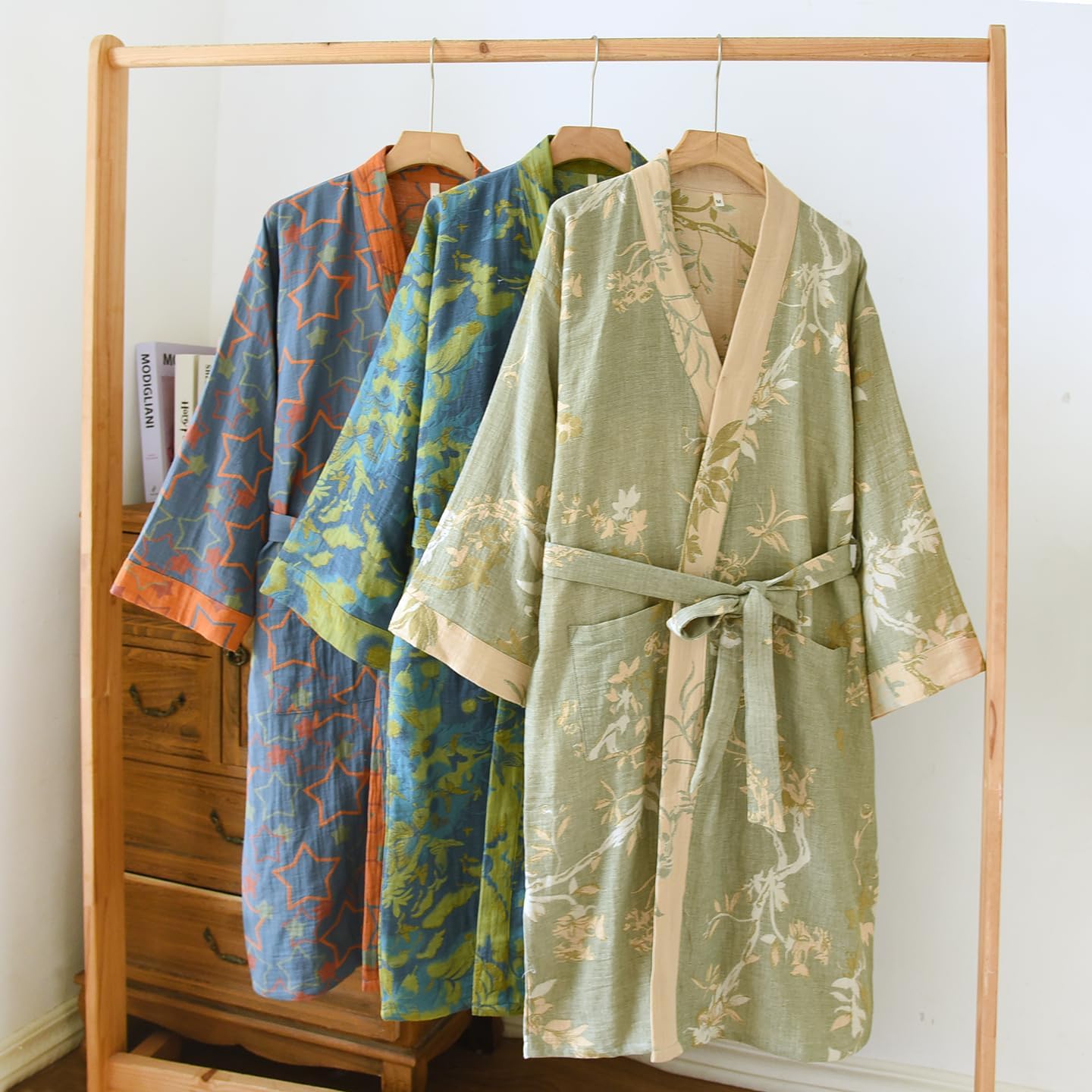 PRINCESS BRIDE Yarn-dyed Cotton Jacquard Elegant Kimono Robe Traditional Loose Yukata Bathrobe Mid-Length Loungewear for Women 165/88A/L(Light Green) - Image 2