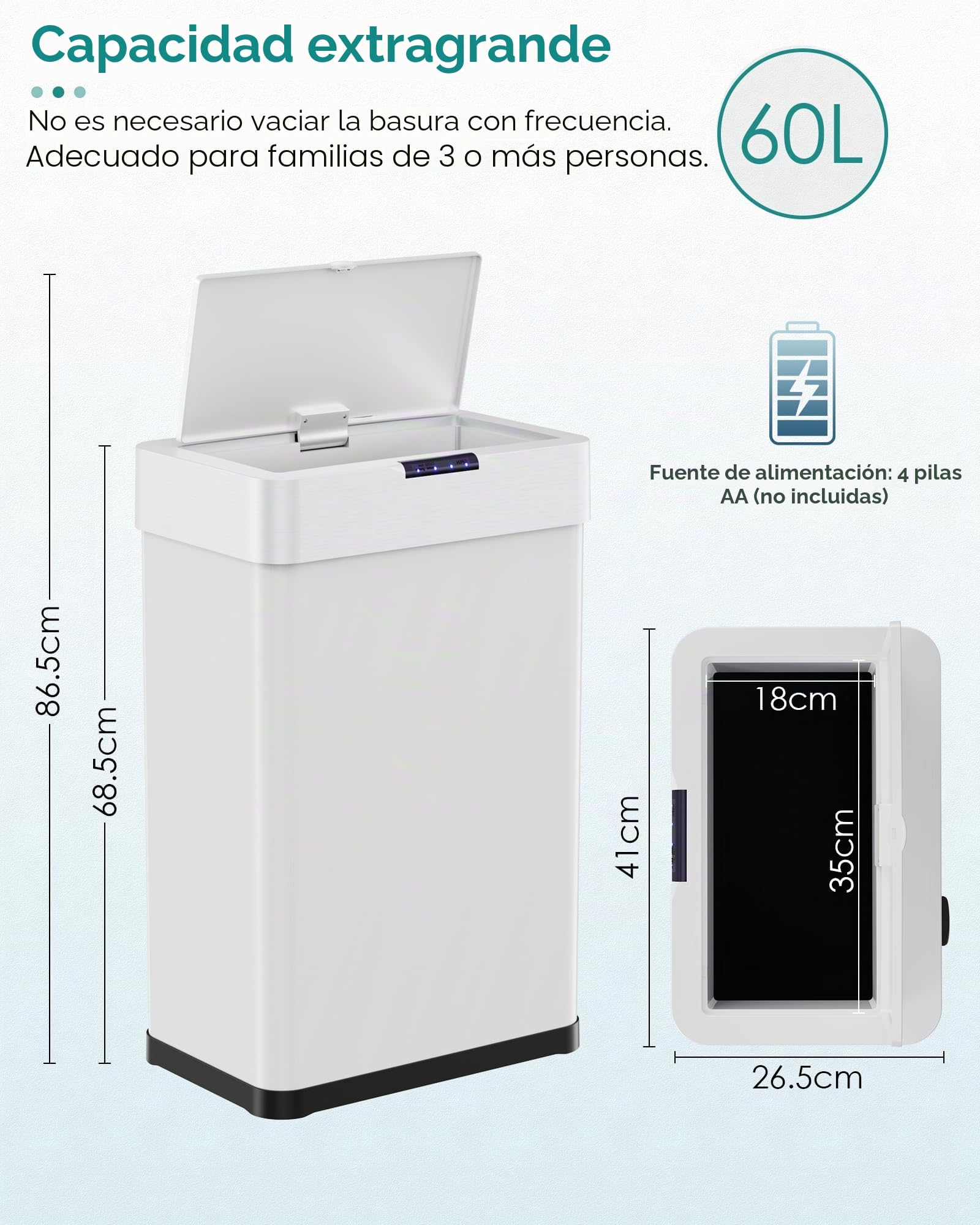 LIFERUN Papelera con sensor, papelera para cocina 60 litros, tapa eléctrica con anillo de sujeción para bolsas de basura, papelera automática sin contacto de acero inoxidable, blanco