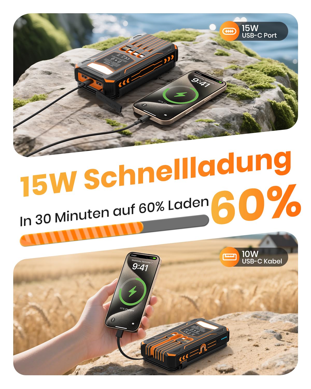 SOARAISE Solar Powerbank 20000mAh - Tragbare Solar Ladegerät mit 4 Solarpanels - 22,5W Schnellladung Externer Akku Power Bank mit Taschenlampe für Outdoor Camping