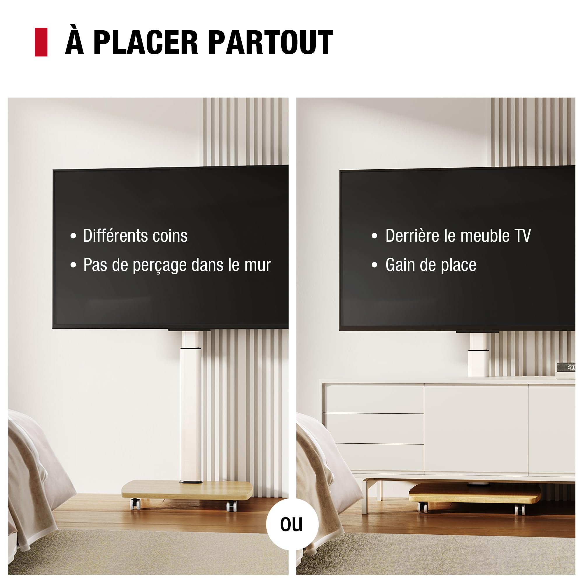 AOKCOS Support TV roulettes avec Base en Bois pour TV de 32-65 Pouces Horizontal et Vertical-Support TV sur Pied Plus Haut 1306-1626 MM Inclinaison 12° jusqu'à 35 KG Max. VESA 400x400mm