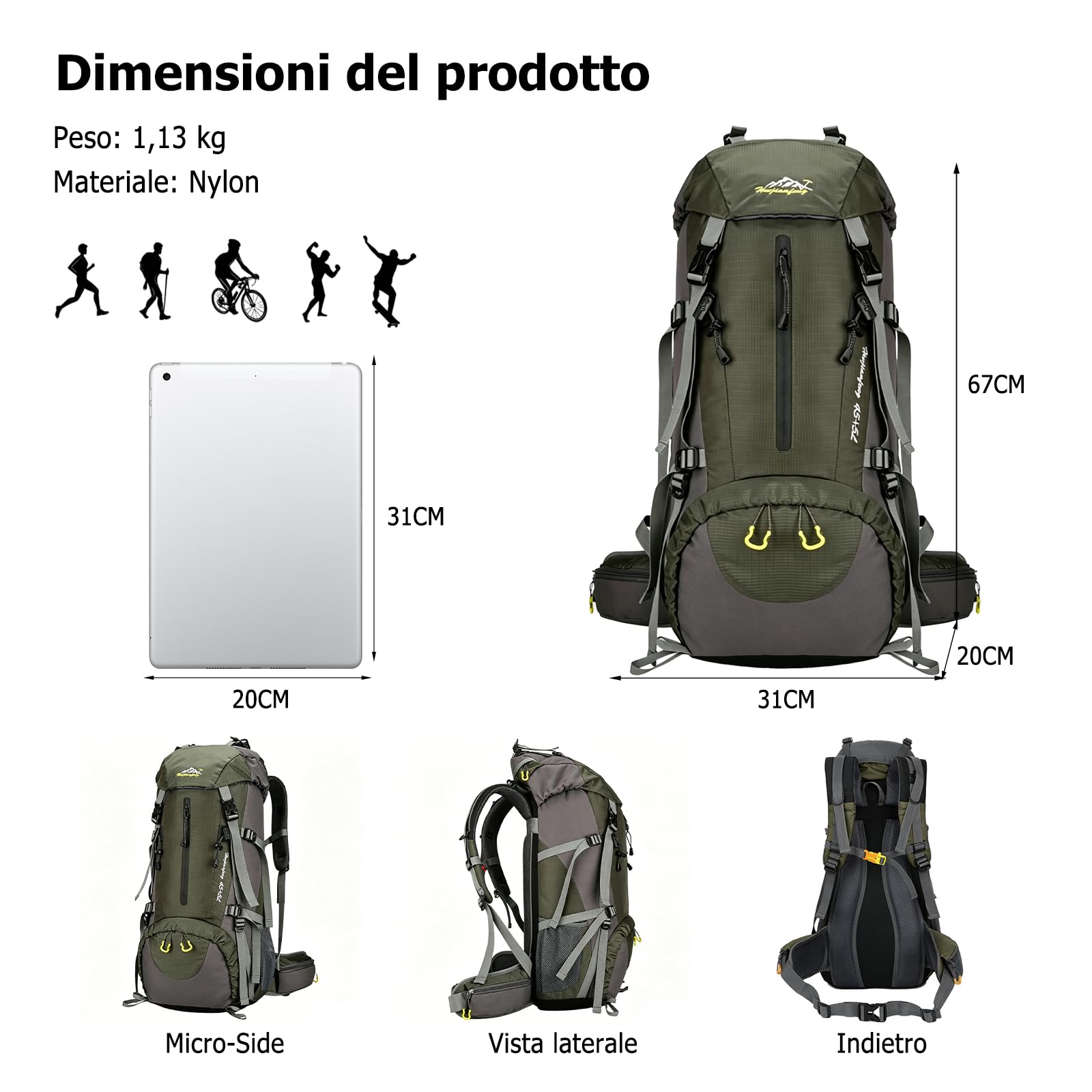 Zaino da Trekking 50L Zaino Impermeabile in Nylon Grande Zaini Campeggio Backpack Viaggio Multi Scomparto Verde Militare
