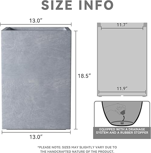 Miniatura 3 de Kante Macetas rectangulares de hormigón de 18.5 pulgadas de alto, macetas ligeras para interiores y exteriores con orificio de drenaje y tapón de
