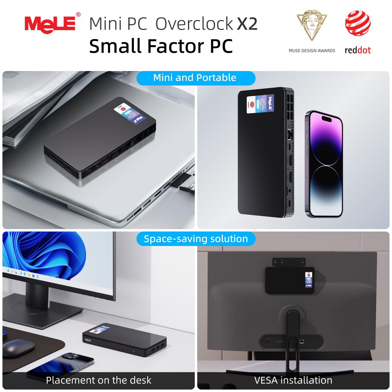 MeLE Overclock X2 Mini PC Twin Lake N150(bis zu 3.6GHz) Micro PC 16GB DDR4 512GB Speicher Kleine Desktop Computer mit 2 X HDMI 4K@60Hz, USB-C, VESA Halterung für Zuhause/Büro
