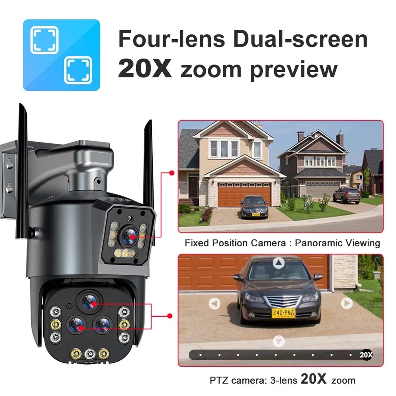 Telecamera Wifi Esterno, Telecamera IP 8K 16MP Zoom 20X PTZ Telecamera di sicurezza wireless esterna Telecamera CCTV a quattro lenti Telecamere di videosorveglianza 4K Smart Home ,Sicurezza, Antifurto