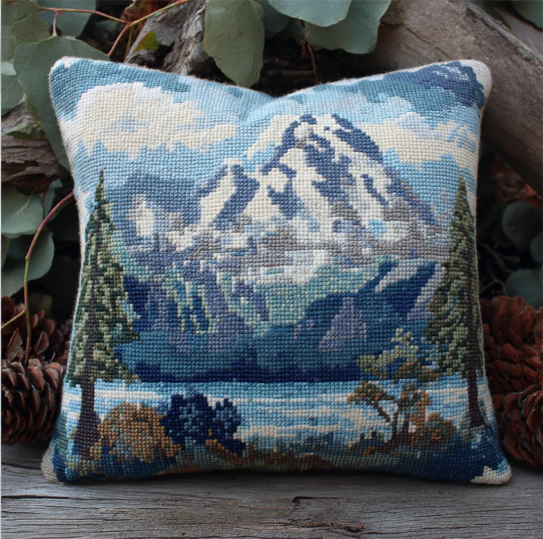Kitquiver Latch Hook Cushion Kits Snow Mountain Scenery DIY Latch Hook Kits Pillow Needlepoint Cushion Kit for Home Décor Needlework Set for Adult Beginners 17x17In