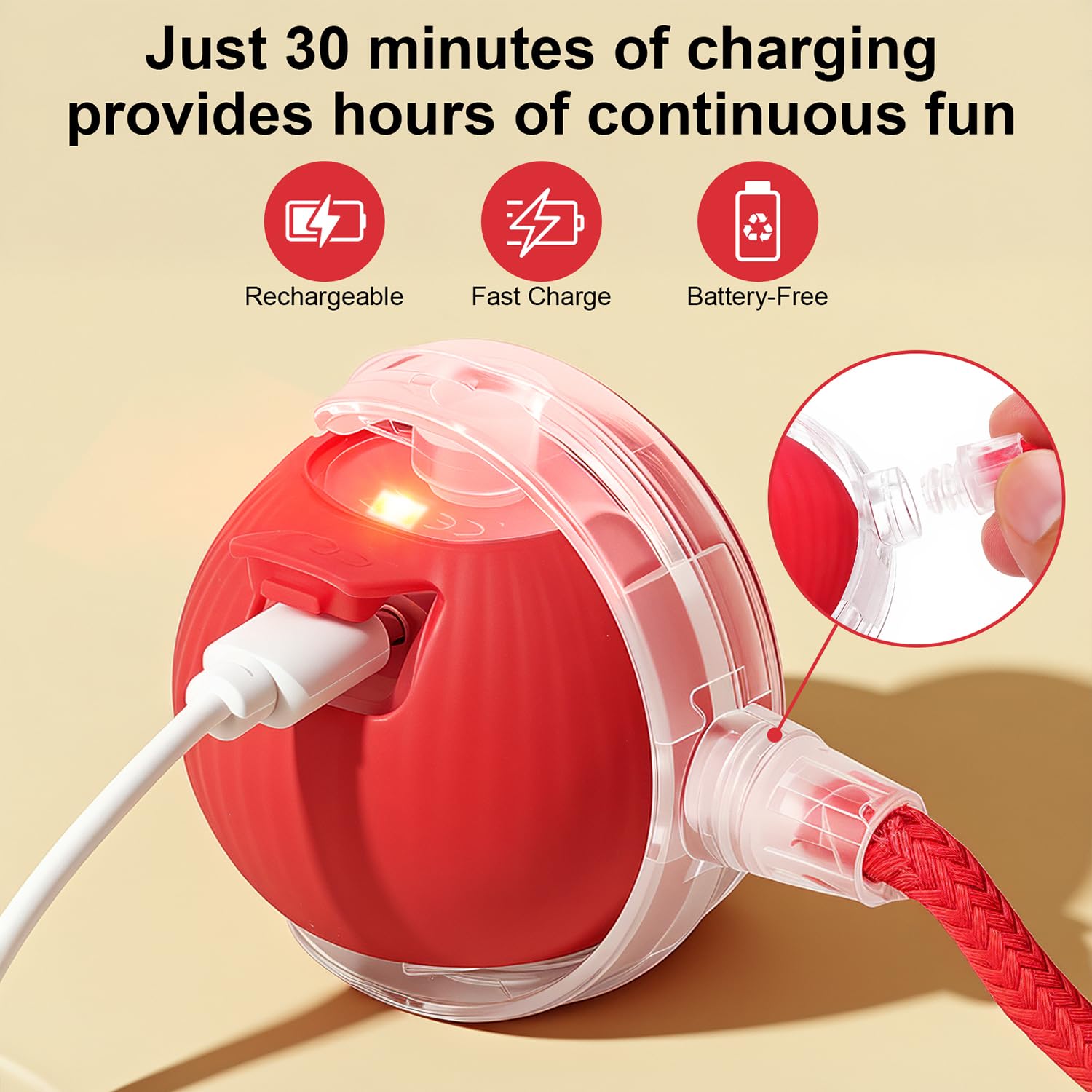 Interactive Electric Automatic Rolling Moving USB Rechargeable Self Activated Play Stimulation Toy Smart Chase Teaser Ball with Speedy Tail Rope for Bored Adult Indoor Cats and Dogs, Red - image 4