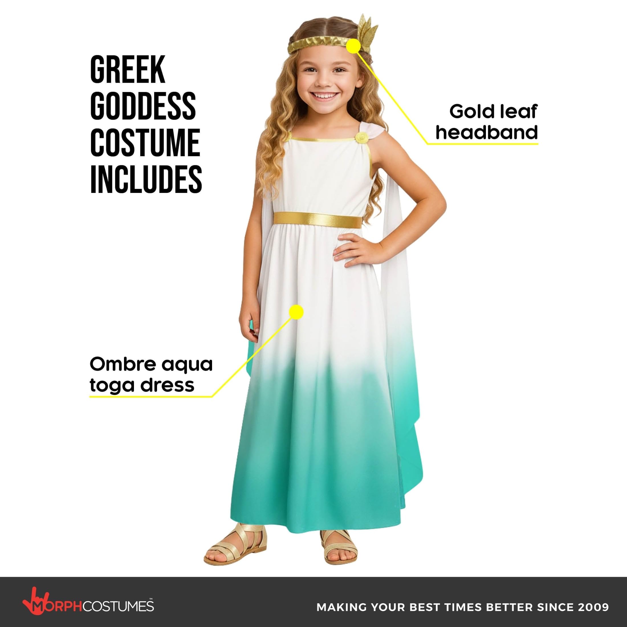 Morph Teal Greek Goddess Costume Girls, Greek Goddess Halloween Costumes for Girls Ombre Toga Costume Kids 7-9 Years - Image 2