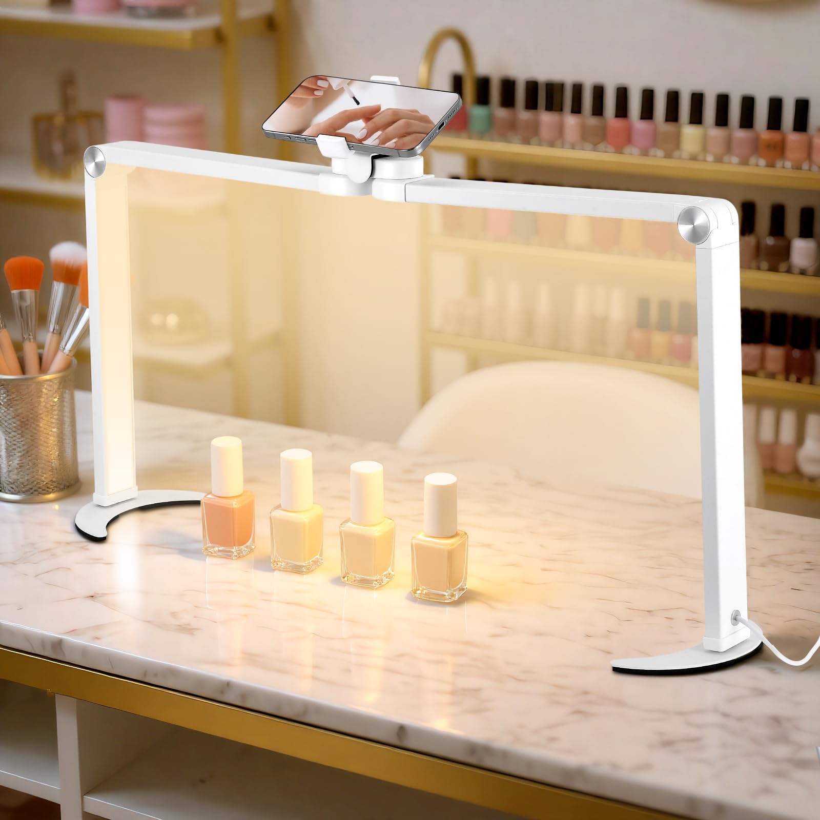 VIHBRAI 35W Half Moon Lamp 26inch Square Nail Desk Lamp with Phone Holder, Foldable LED Nail Table Light 3000K-6000K Dimmable for Nail Tech, Lash Eyelash Extension, Tattoo, Eyebrows, White