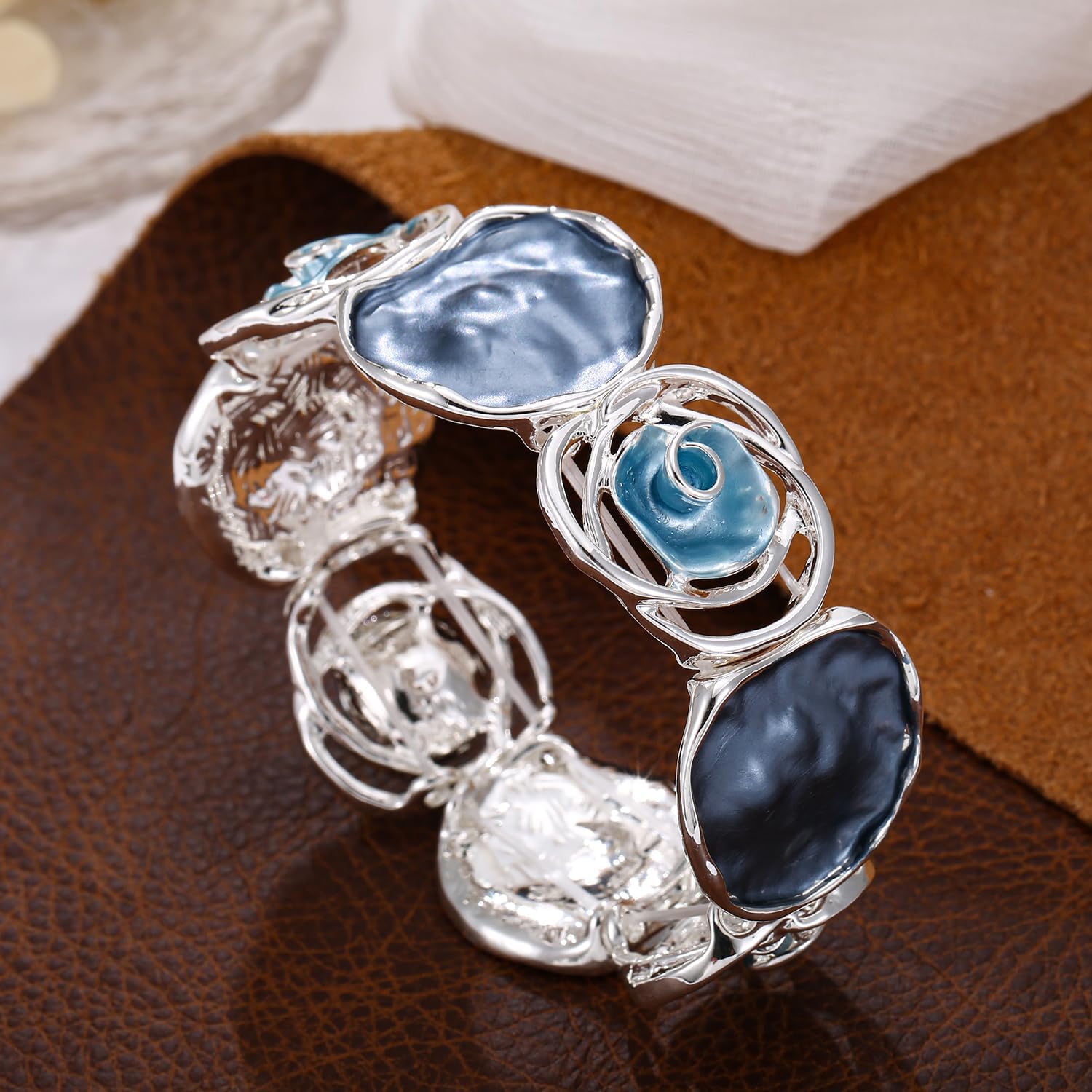 LUREME Rose Flower Bracelet for Women - Colorful Gold Enamel Stretch Bracelet, Adjustable Elastic Metal Bangle, Boho Chic Jewelry (bl003604) - Image 4