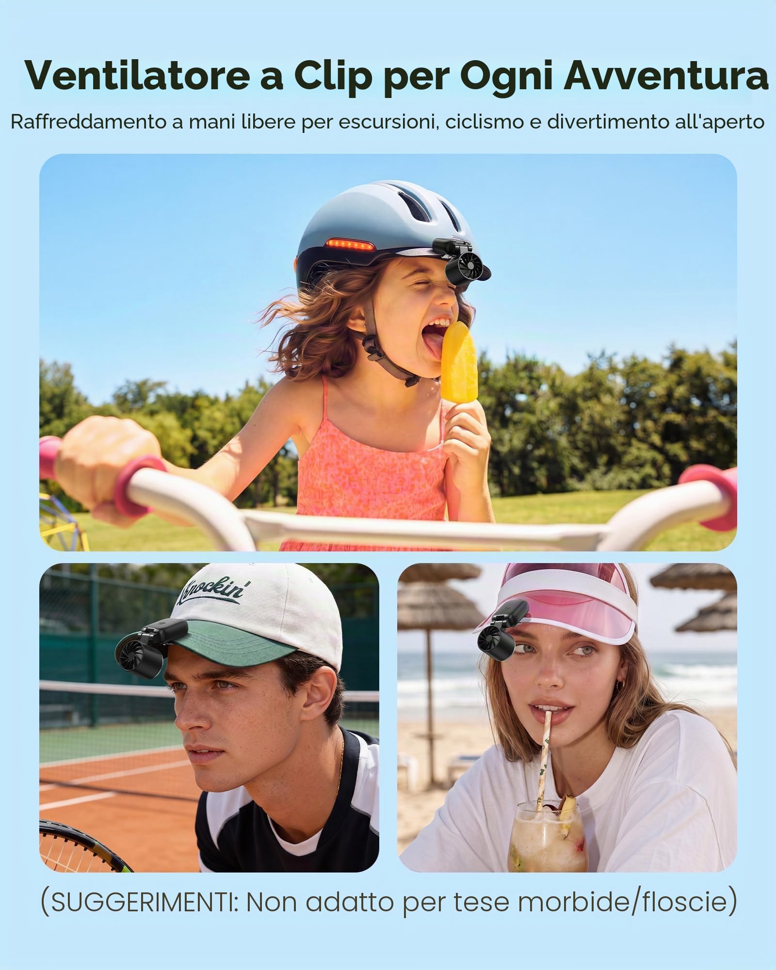 gaiatop Ventilatore a clip per cappello, ventilatore turbo portatile a 3 velocità, mini ventilatore a mani libere, pieghevole a 180°, ventilatore personale per golf all'aperto, viaggi, (nero)