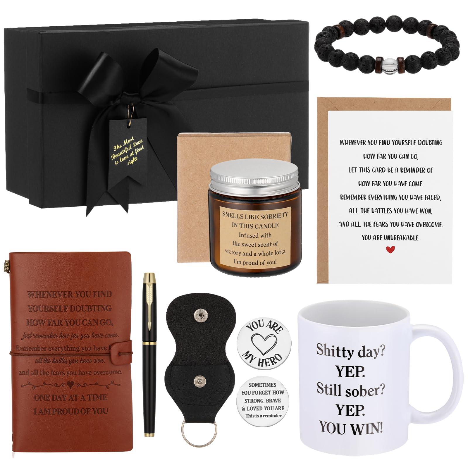Pinkunn 7 Pcs Sobriety Gifts Set for Men Women Addiction Recovery Gifts Include Sober Mug Candle Beaded Bracelets Leather Notebook with Pen Wish Card with Envelope Gift Box for Aa Alcoholics