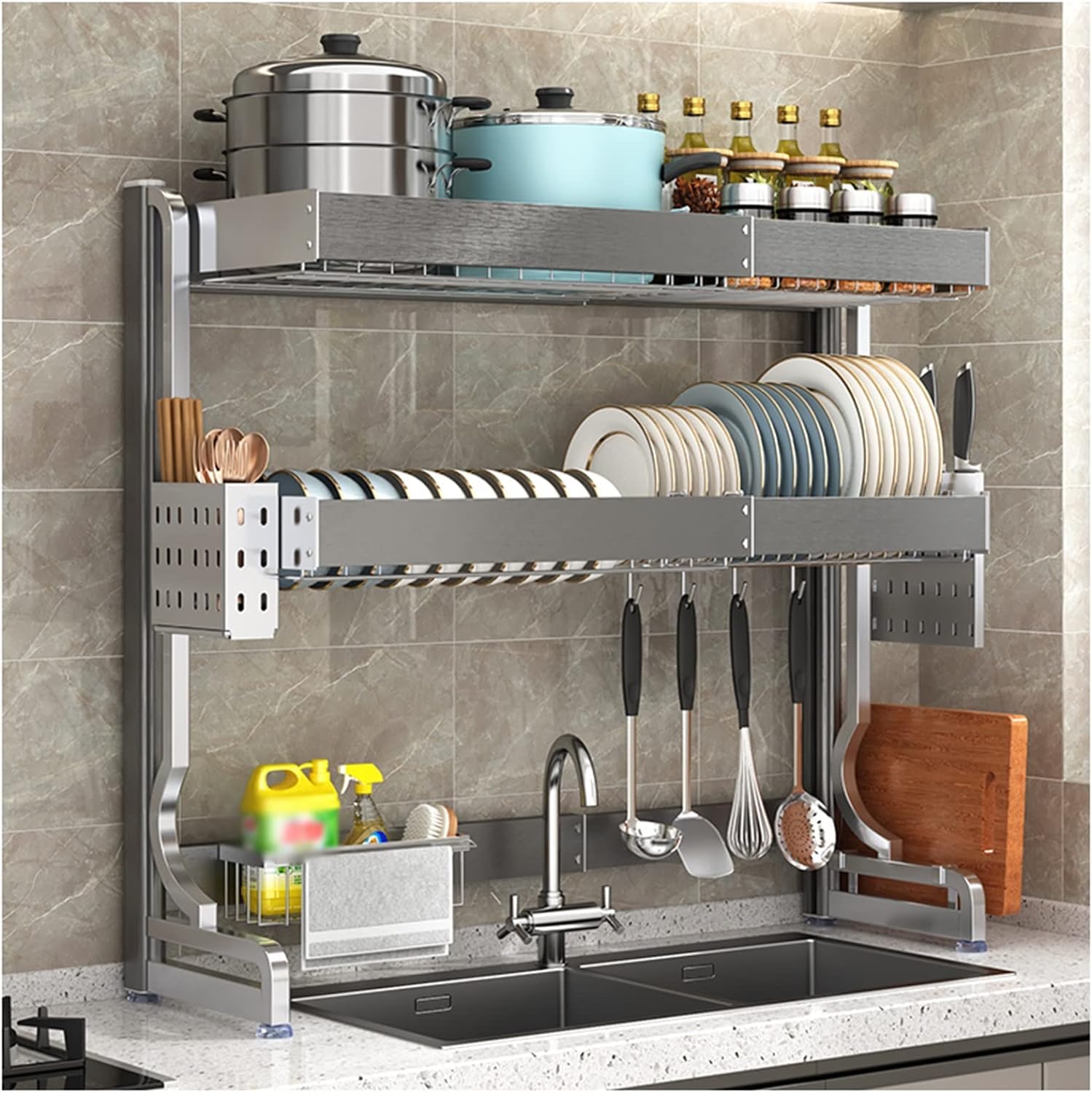 Over The Sink Dish Drying Rack, 2 Tier Adjustable Drainer with Utensil Sponge Holder Caddy