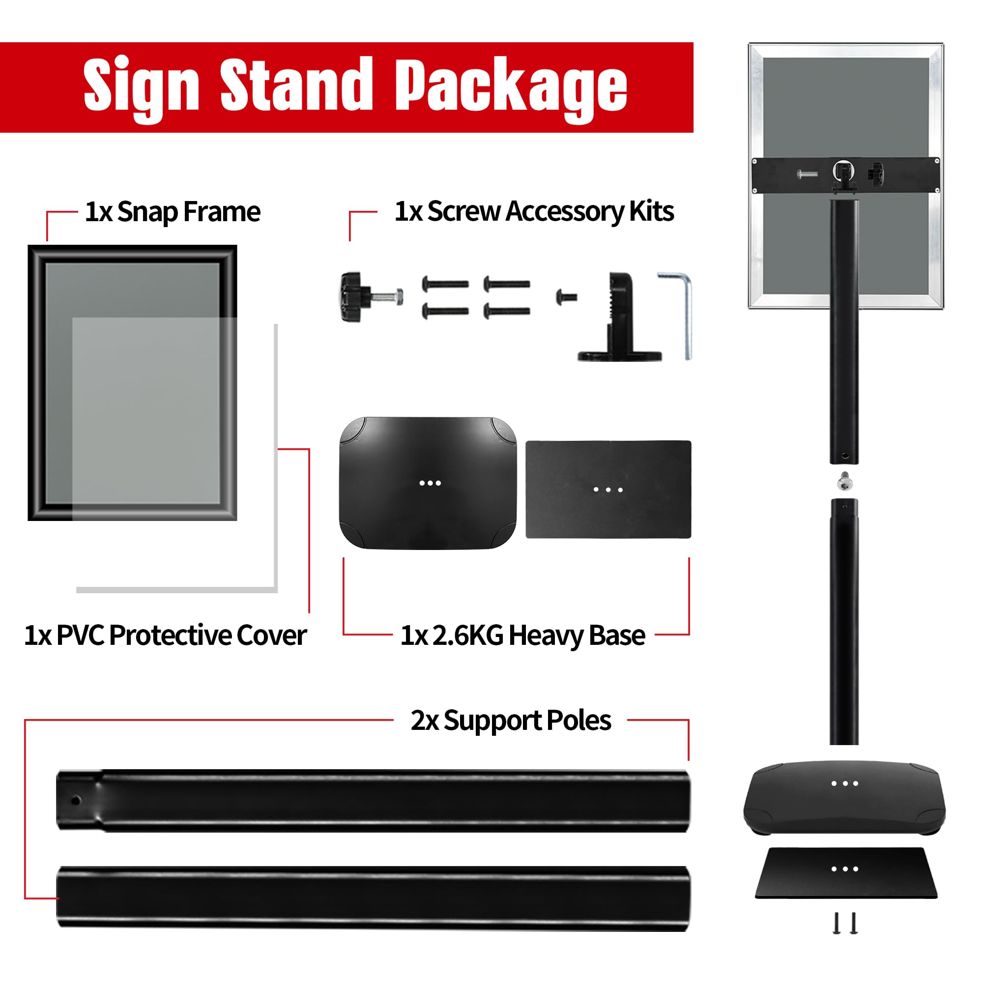 Présentoir A4 robuste sur Pied - Base fonte lestée, Rotation 360°, Cadre Aluminium Clipsable - Support Panneau A4 – Porte Affiche Menu Restaurant, Support Document Bureau | Noir