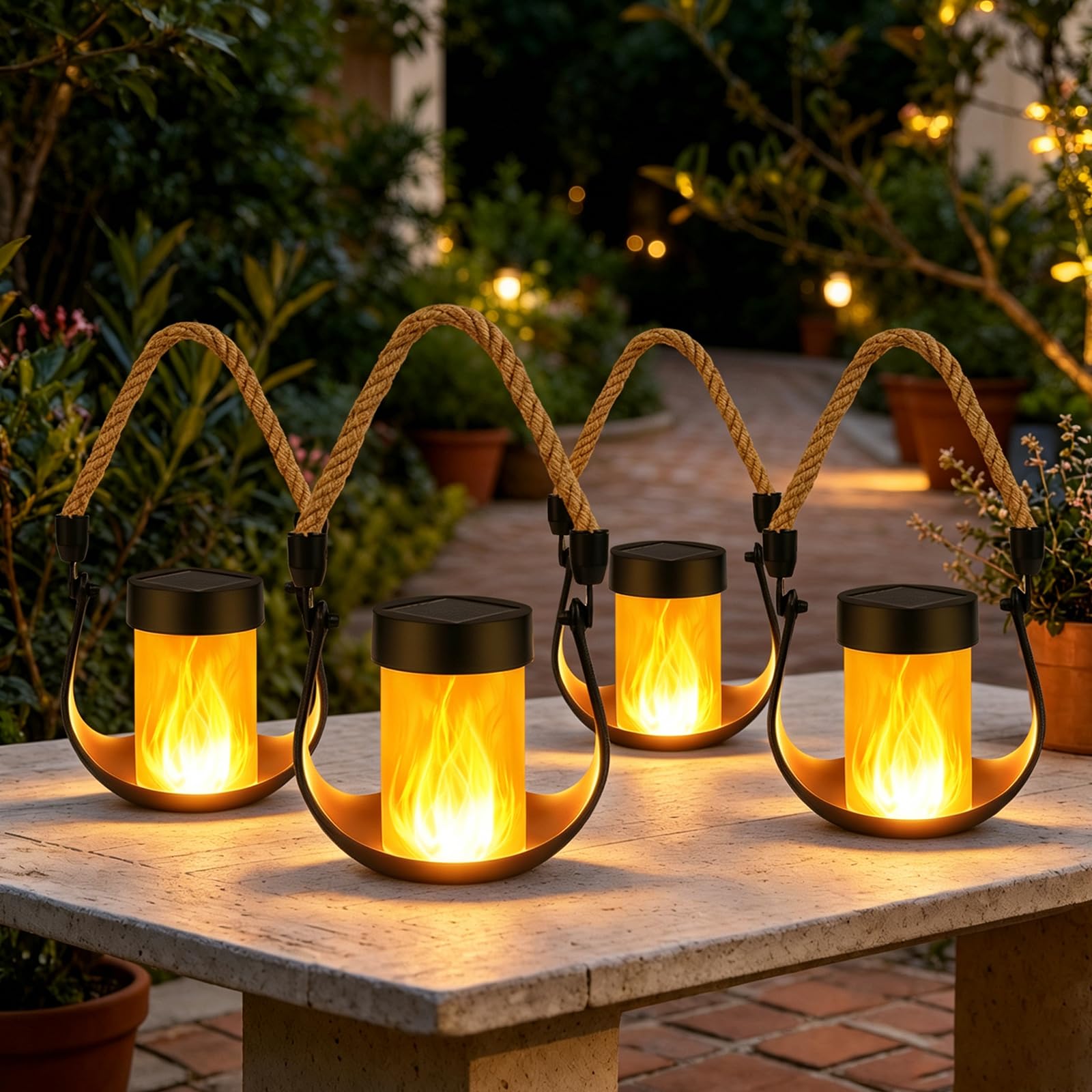 Lanterne solari per esterni, confezione da 4 lanterne solari da appendere, con fiamma danzante, impermeabili, a energia solare, per esterni, campeggio, albero, portico, cortile, patio, tavolo