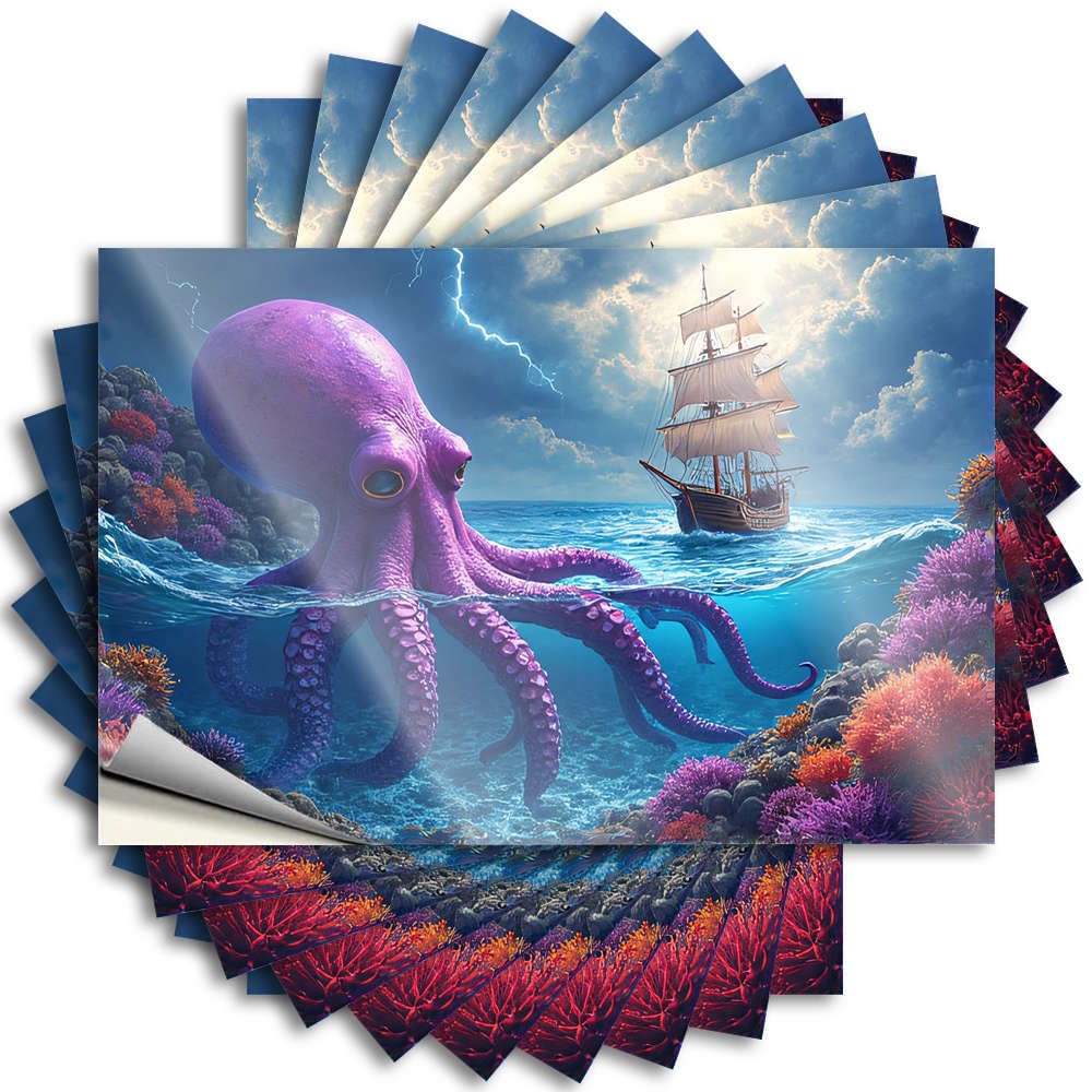Fzfn Colour Teens Stuff Funny Sticker Durable Door | A Giant Purple Octopus Swims Near A Ship In A Stormy Sea Cozy Self Adhesive Sticker For Boss Diy(6X9cm)