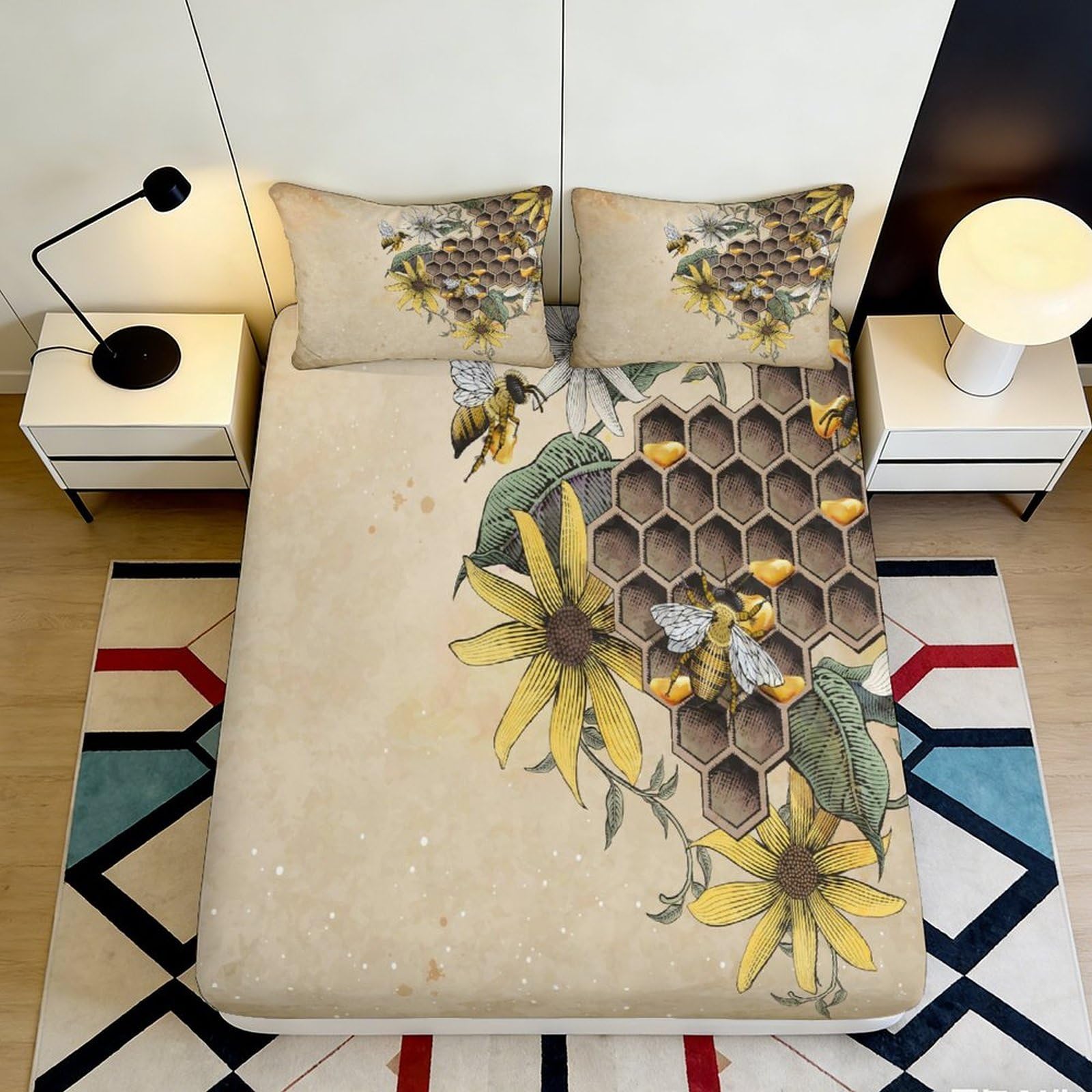 3D Printed Honeycomb Bee Fitted Sheet Microfiber Yellow Floral Mattress Cover Non Slip Washable Bedroom Decor 180x200x25cm