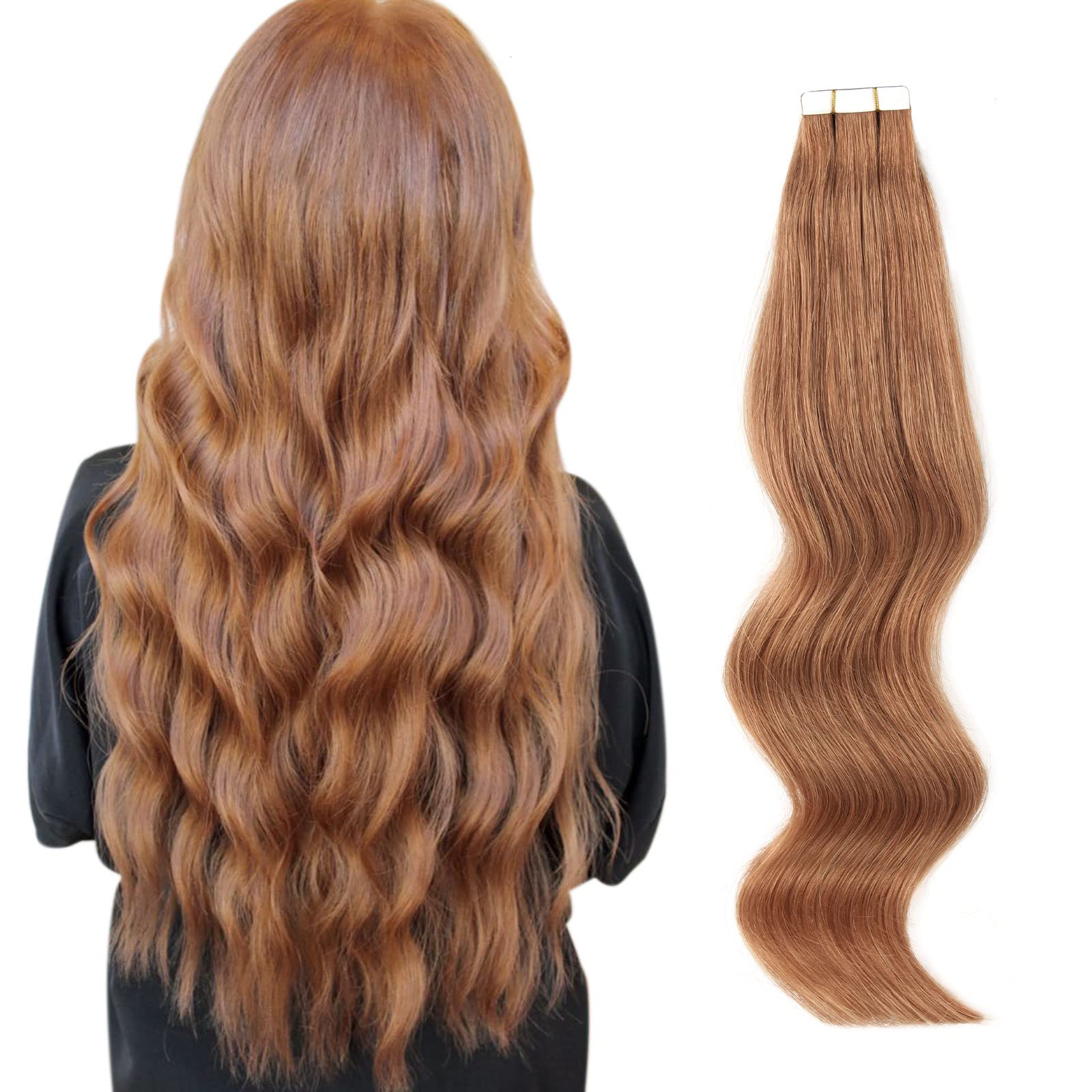 ABH AmazingBeauty Tape in Hair Extensions Semi-permanent Pre Taped Real Remi Remy Human Tape in Human Hair 50g 20pcs Skin Weft Invisible Seamless Reusable Platinum Light Auburn Color 30 16 Inch
